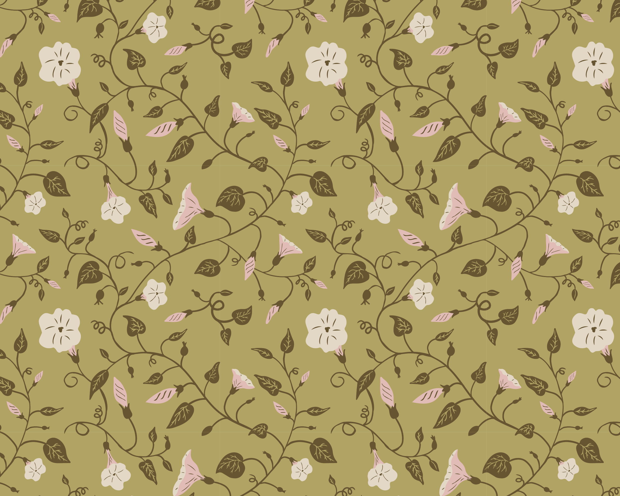 An Arts and Crafts style seamless pattern with cream and pink morning glory flowers, brown and pink leaves, and curling vine-like stems on a dark gold background.
