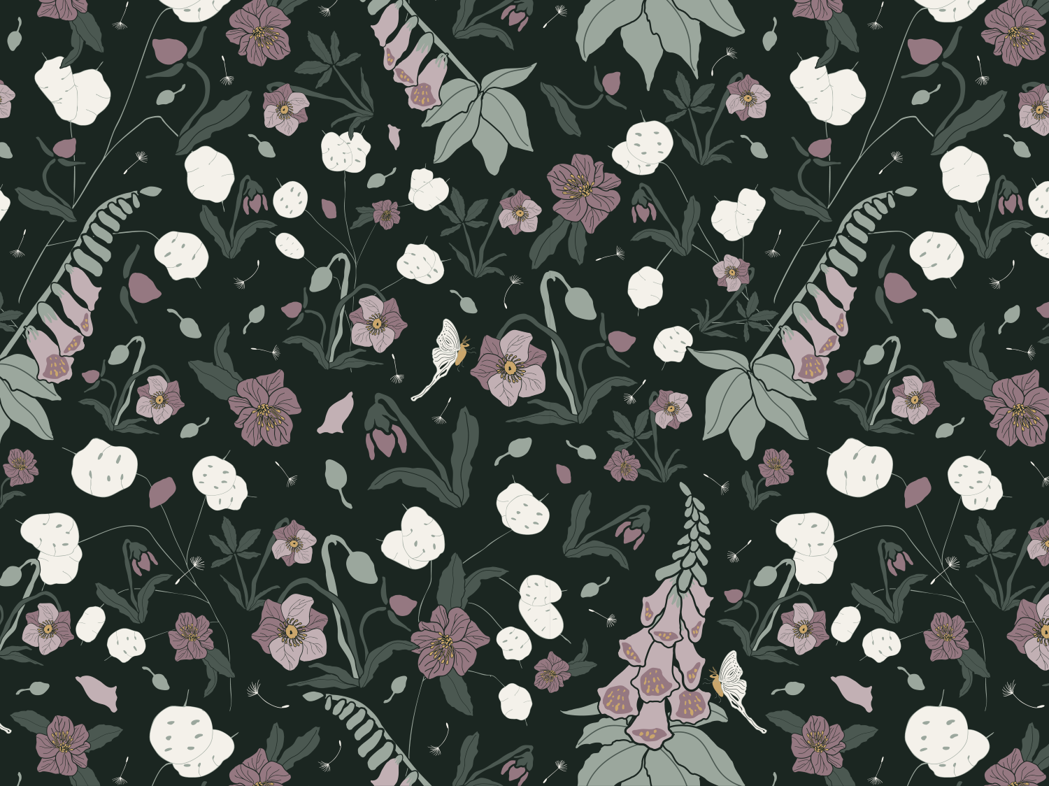 Pattern of purple and white flowers, green leaves, and moths on a dark green background.