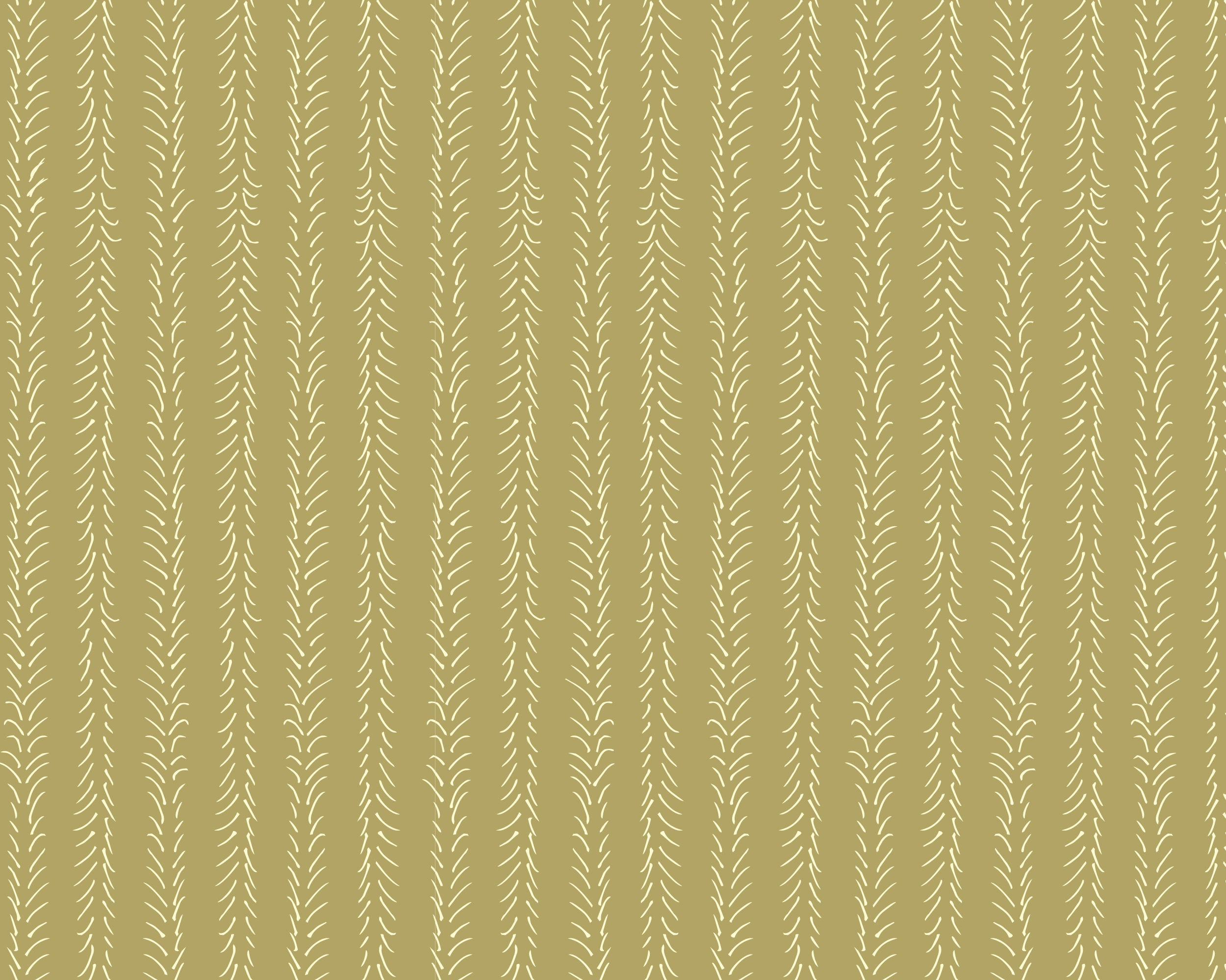 A patterned wallpaper with a striped design of light, stylized balsam needles on a dark mustard yellow background.