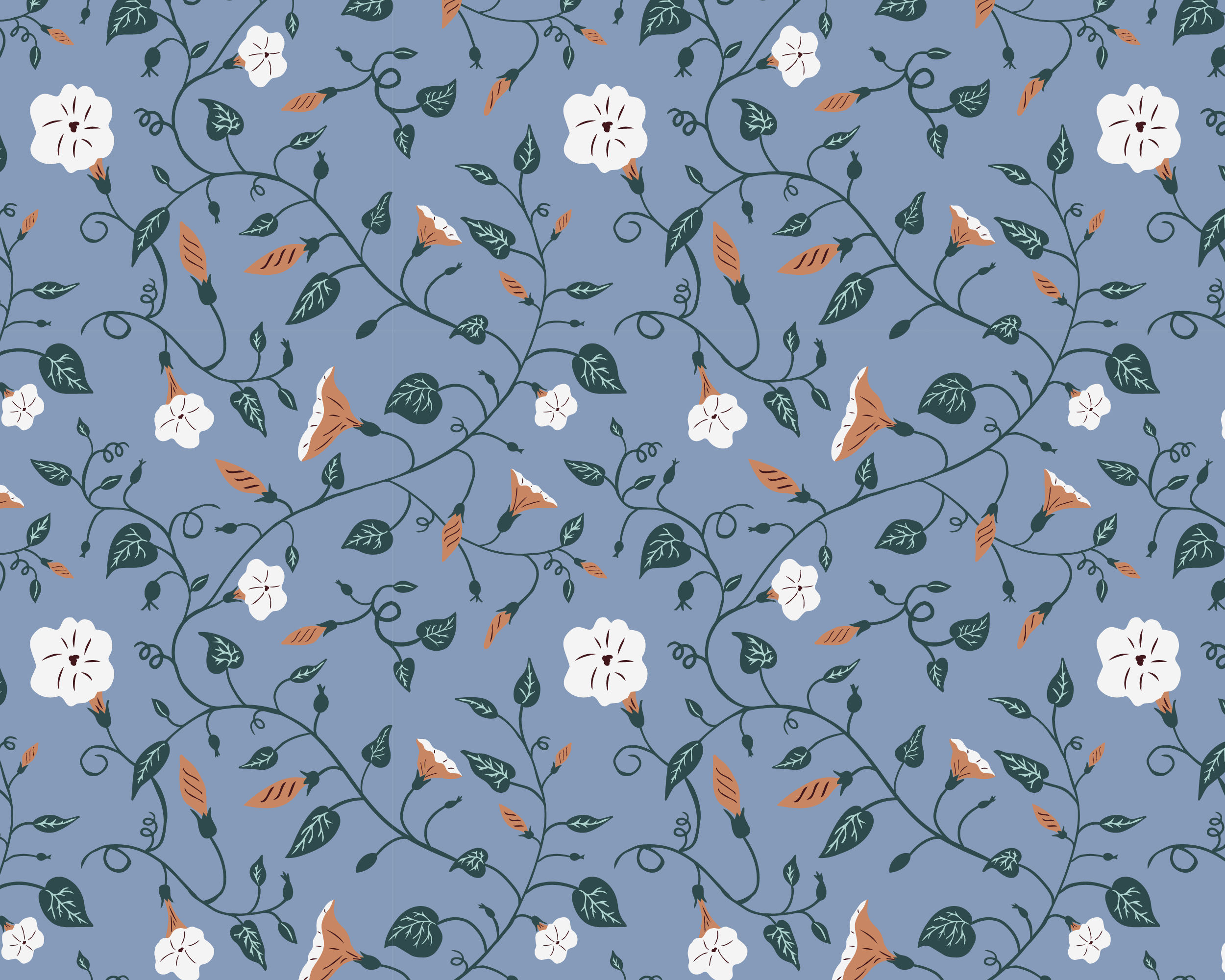 A digital illustration of a seamless floral pattern with white and peachy orange morning glory flowers, green leaves and vines, on a muted slate blue background.