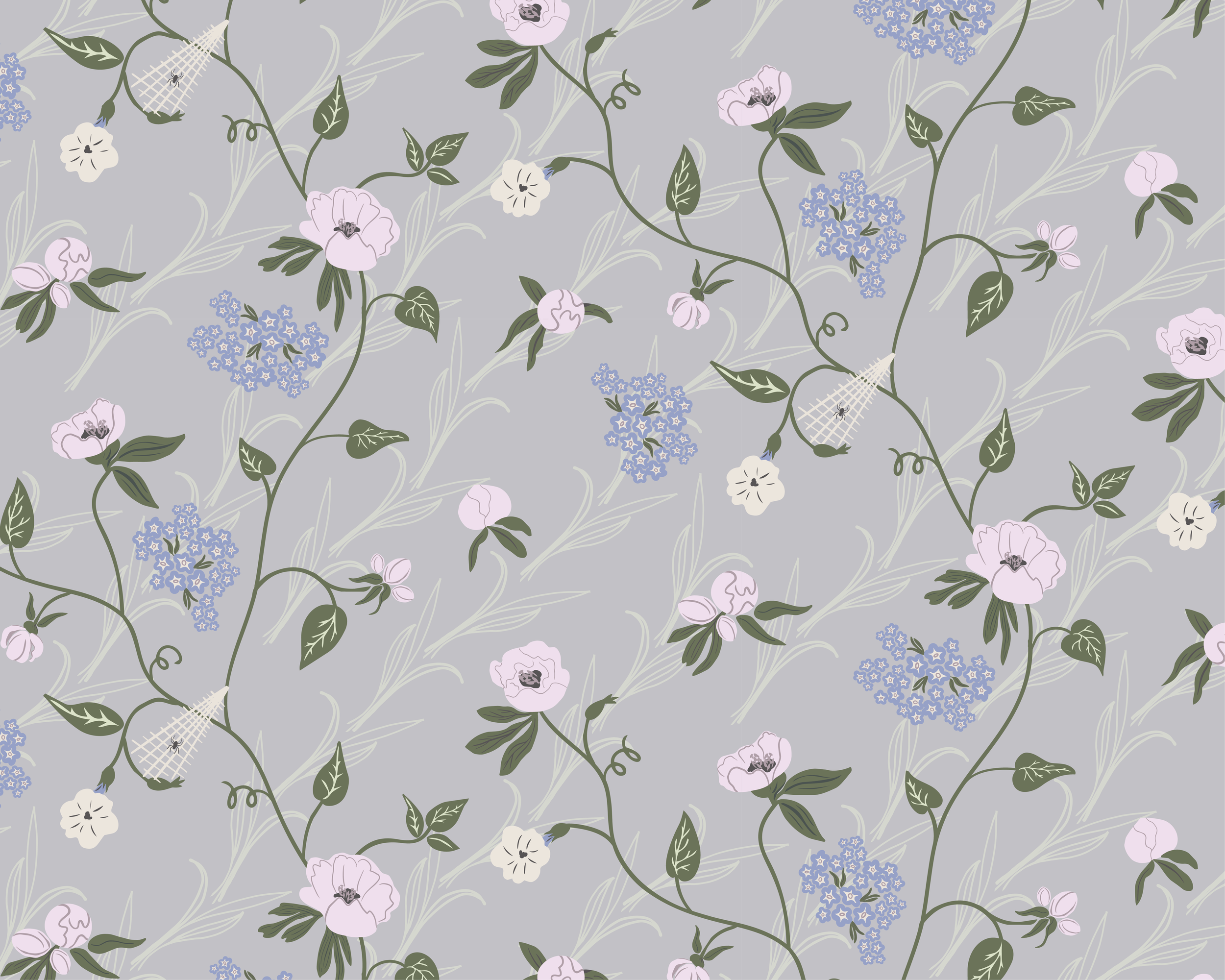 A floral pattern with light purple, white, and blue flowers, green leaves, and wispy grass-like elements on a gray background, featuring small hidden spider webs with tiny spiders.