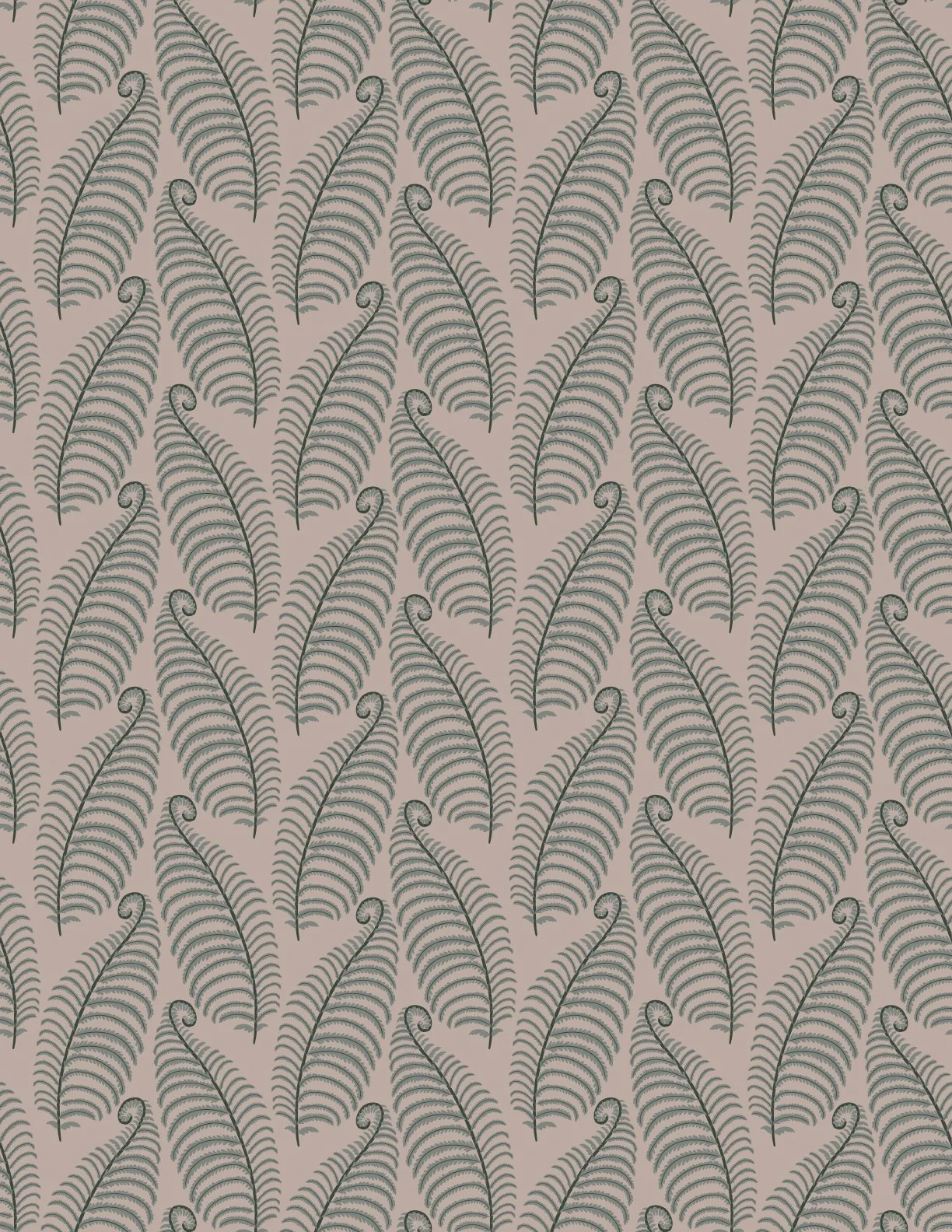 A repeating pattern of dark green fern leaves on a beige background.
