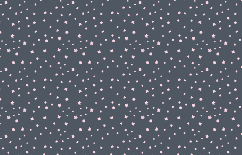 Seamless repeat pattern of tiny tossed pink flowers on a deep charcoal gray background.