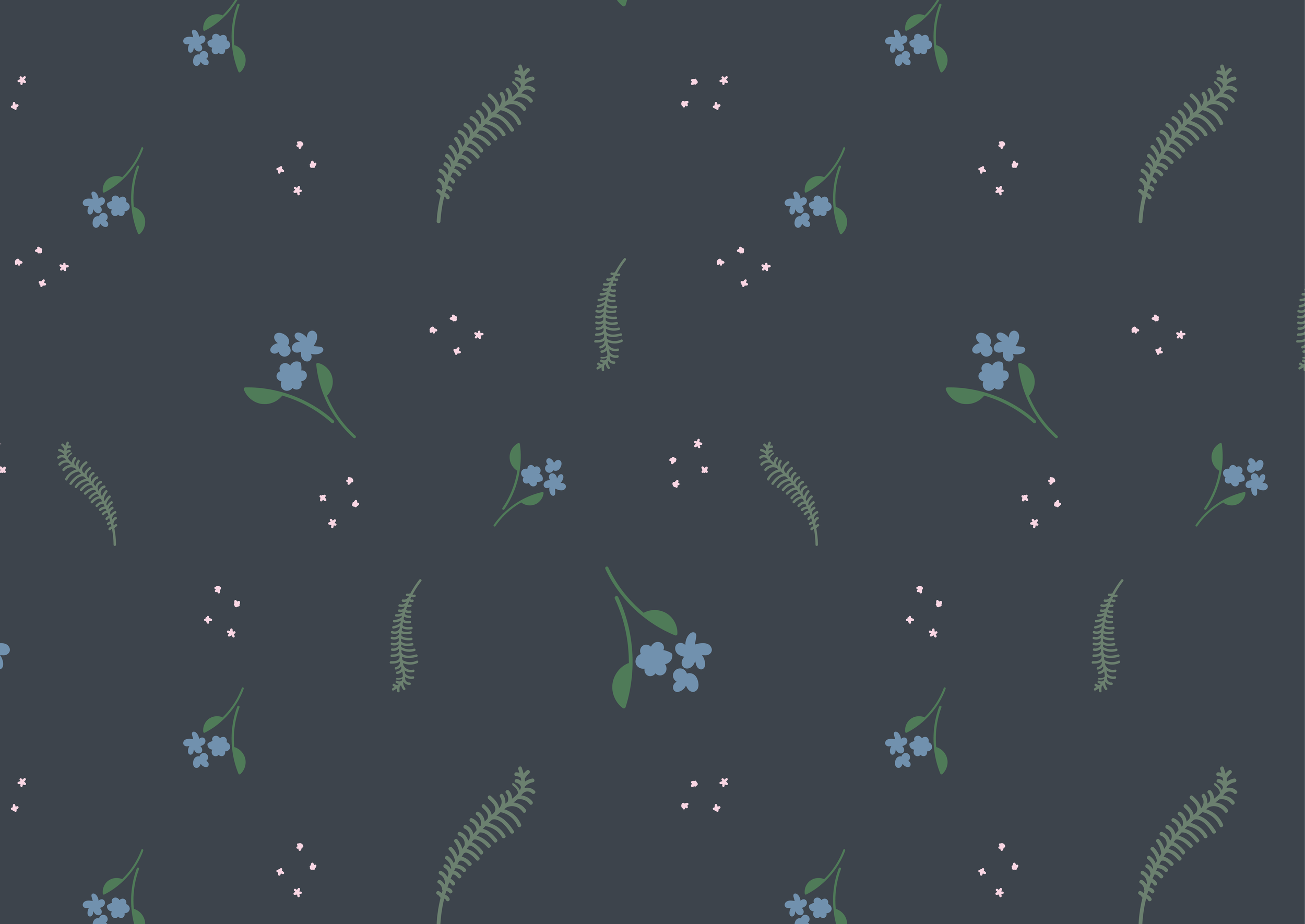 A seamless repeat pattern of dusty blue flower sprigs and green leaves in a tossed arrangement on a gray background.
