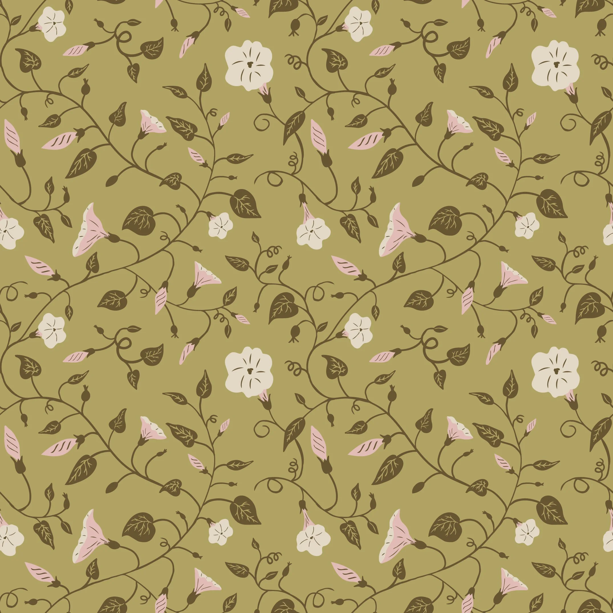 A pattern of peach and cream morning glory flowers with dark brown vines, and green leaves on a dark gold background.
