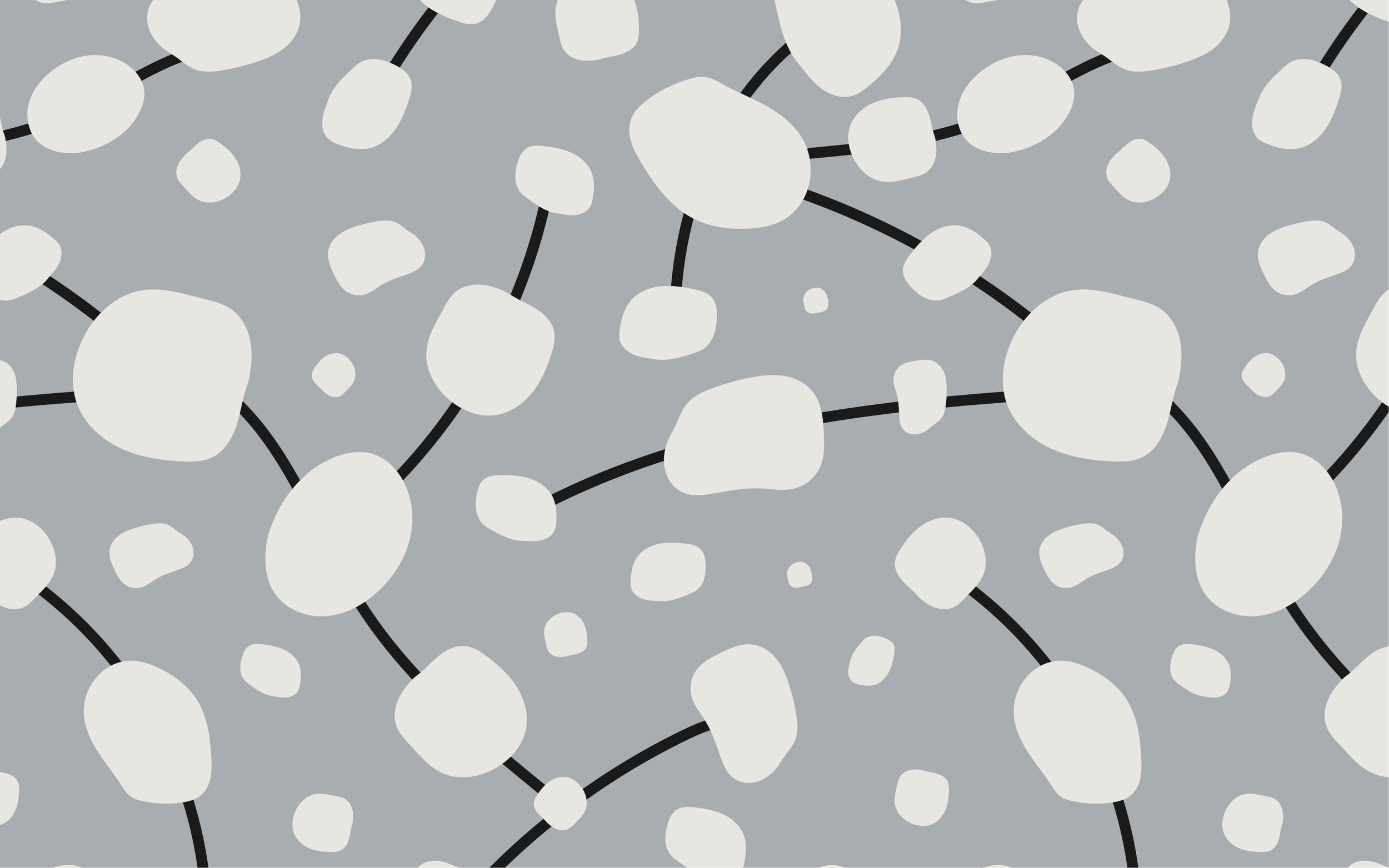 A seamless pattern, with cream organic stone shapes with charcoal connecting lines on a slate gray ground.