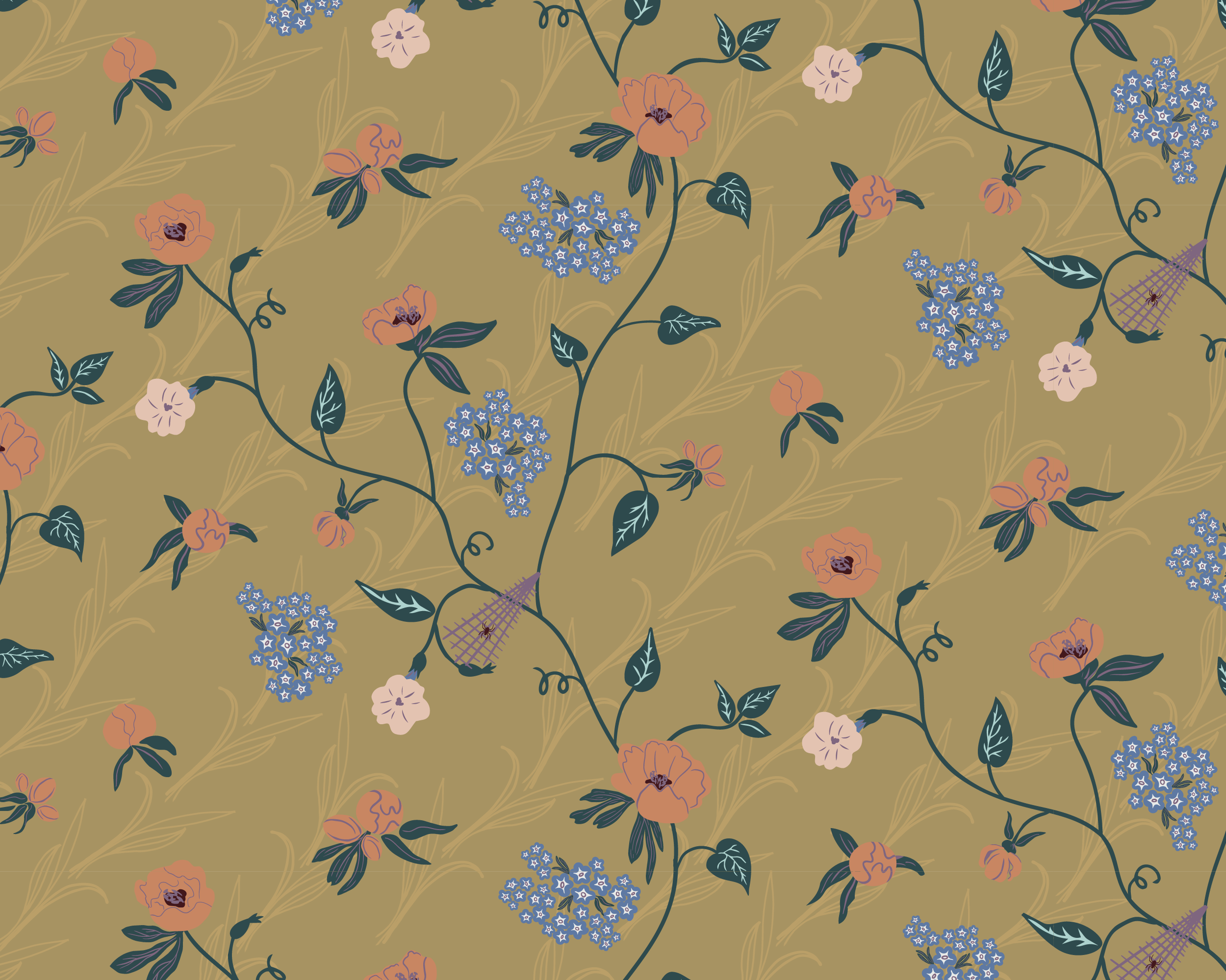 A floral pattern with peach and light pink flowers, dark green leaves, and small blue flowers on a dark gold background, including a tiny hidden spider web.