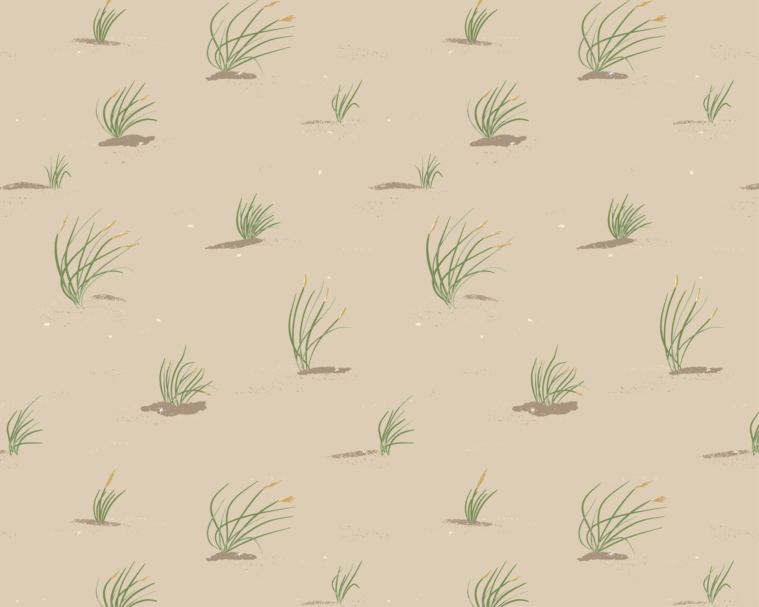 A pattern of green dune grass growing from small patches of windswept beach sand on a beige background.
