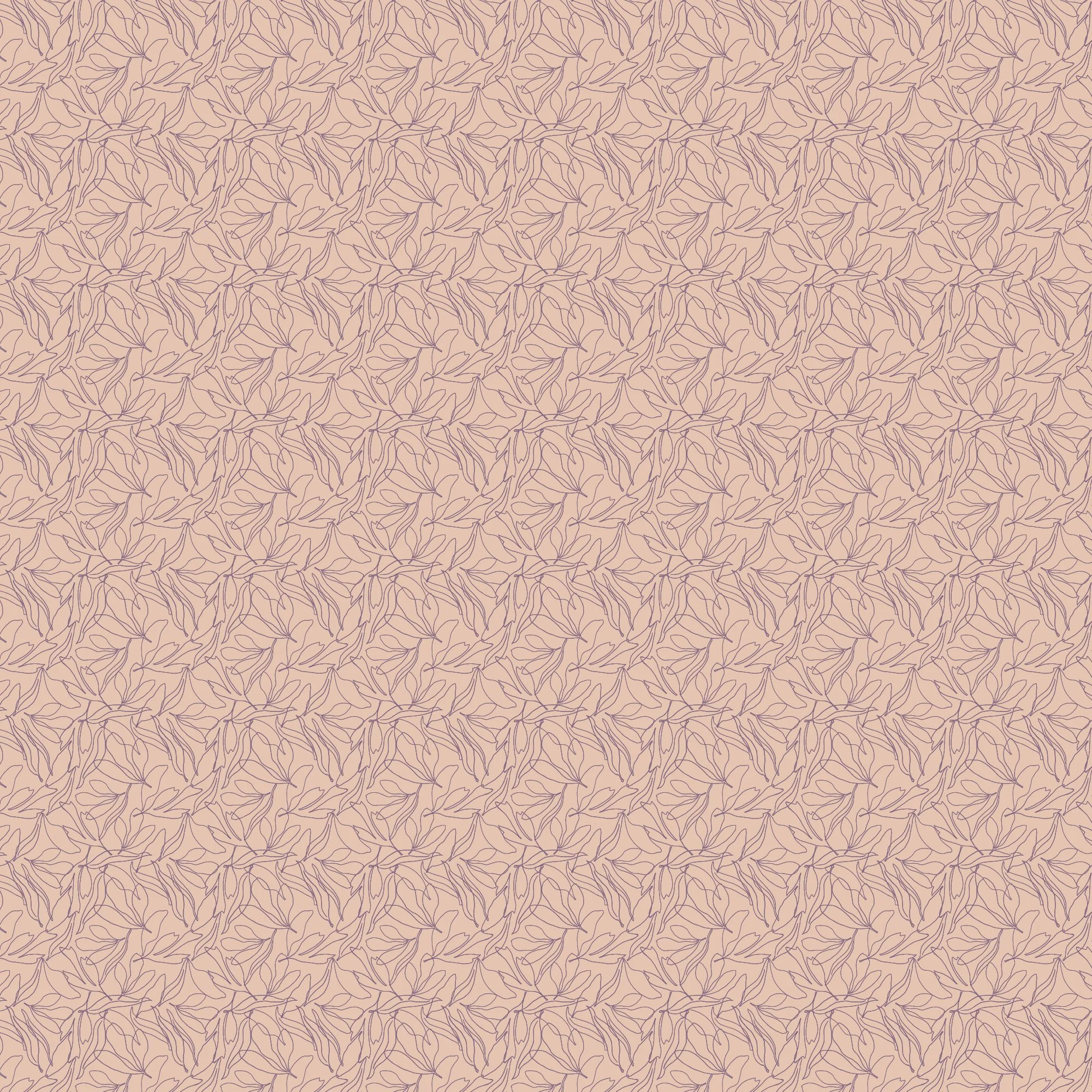 Pattern of hand drawn lavender outlined leaves on a peachy pink background.