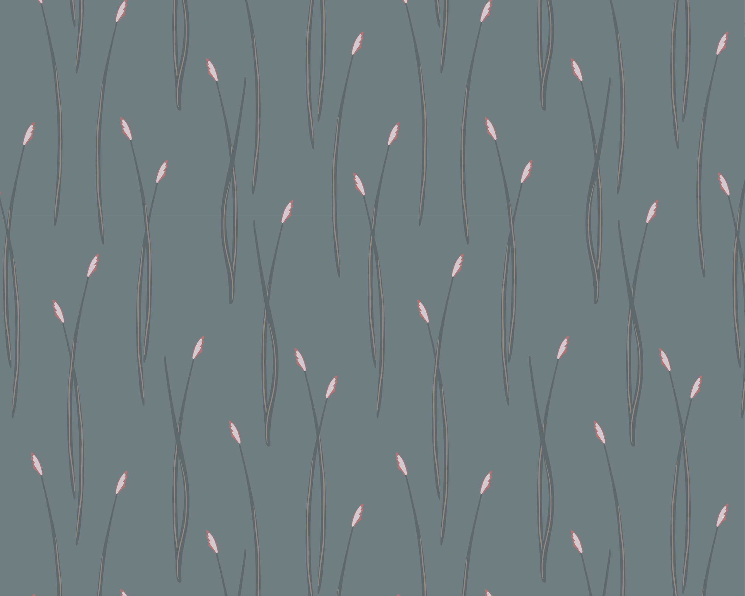 Pattern of tall dune grass flower stems on a dark teal background, with small pink and white flowers and elongated leaves.