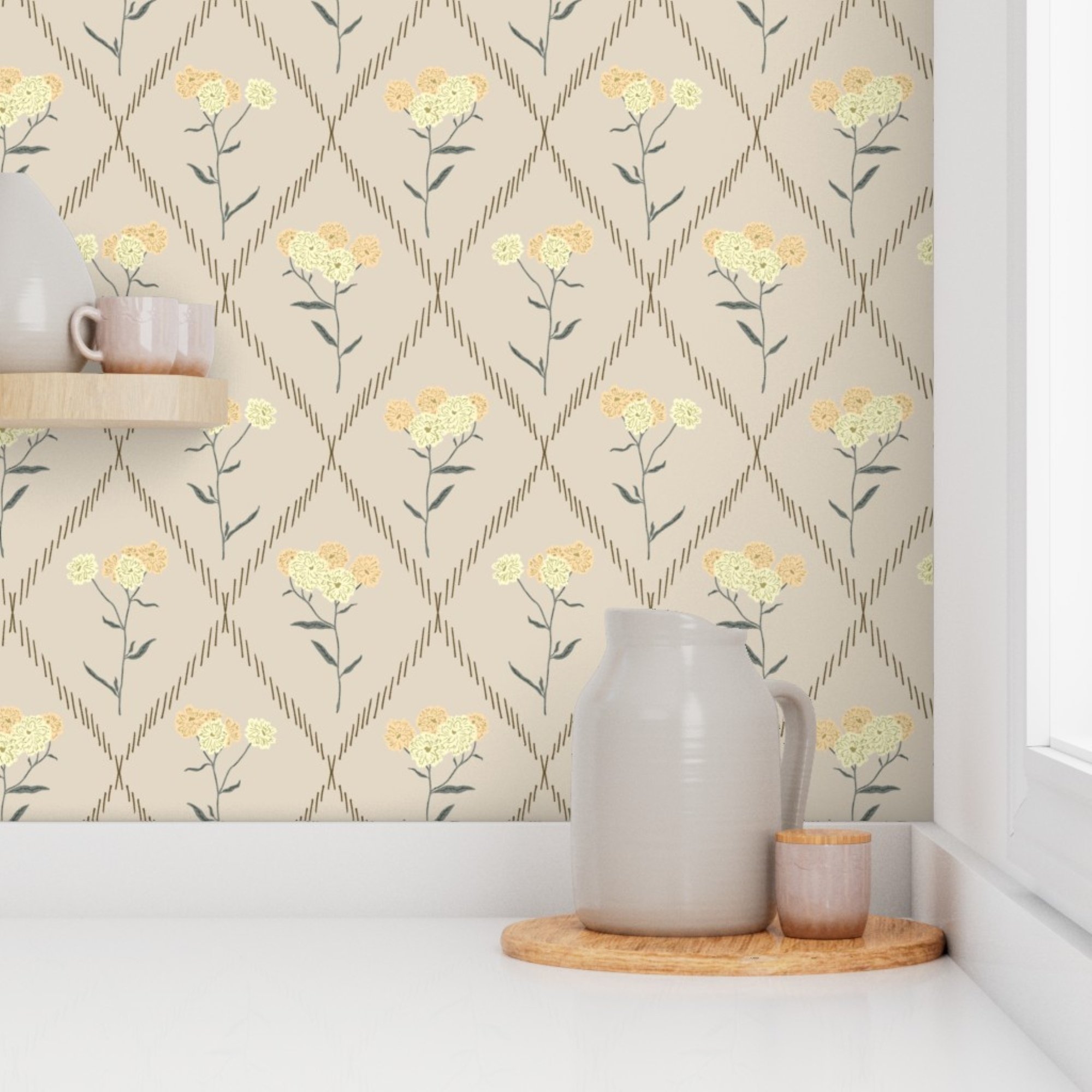 Decorative wall with yellow and creamy orange apricot flowers on a diamond-patterned background, white vases on a wooden tray.