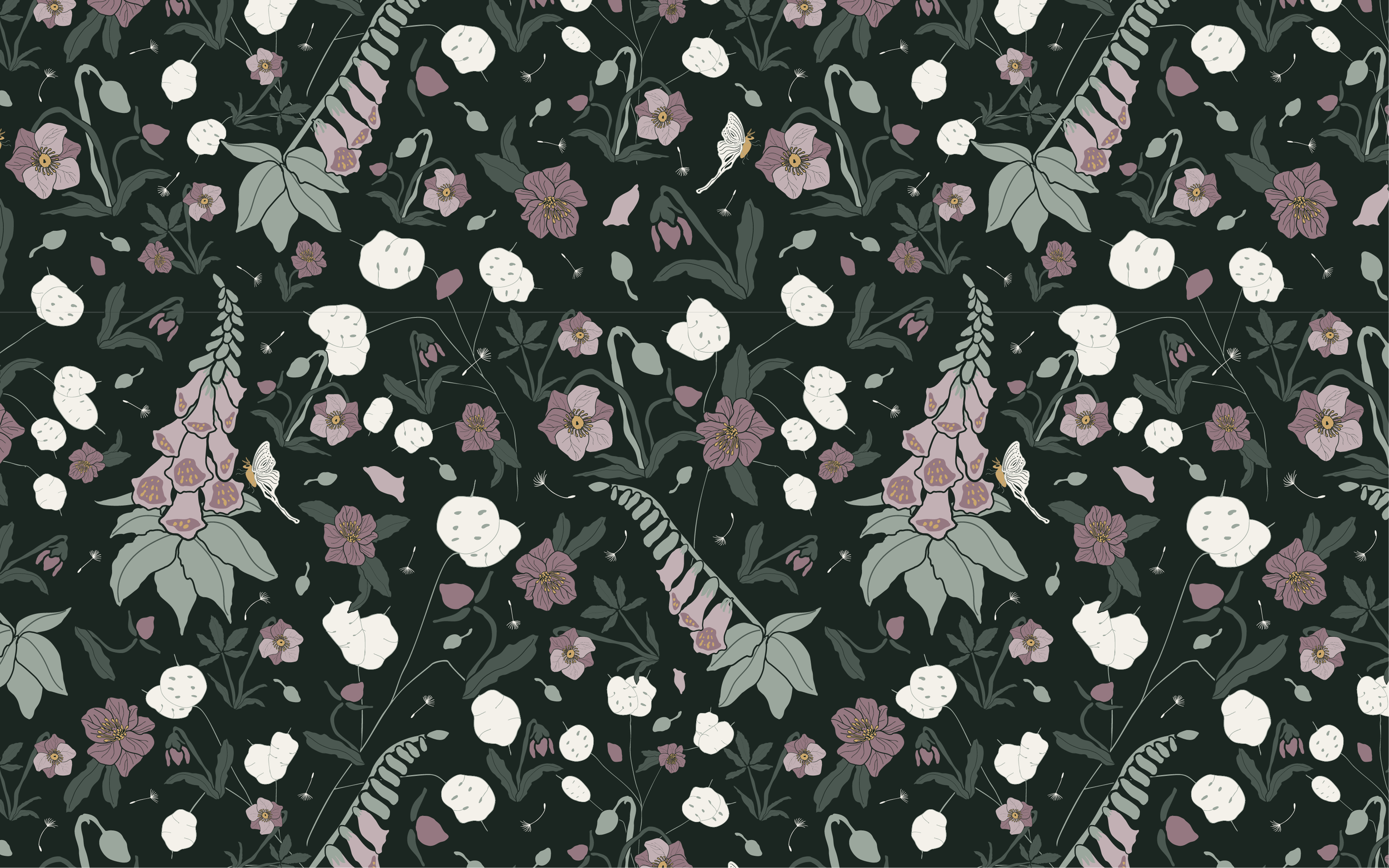 Maximalist, moody, seamless repeat pattern with dusty pink flowers, cream lunaria pods, green leaves, and luna moths on a dark green background.
