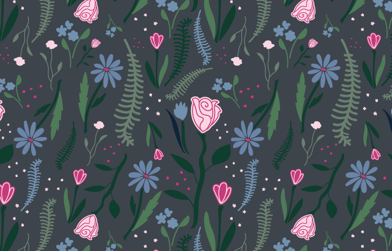 Seamless floral, maximalist pattern featuring pink roses, blue daisies, small pink and blue flowers, and assorted green leaves on a dark background.