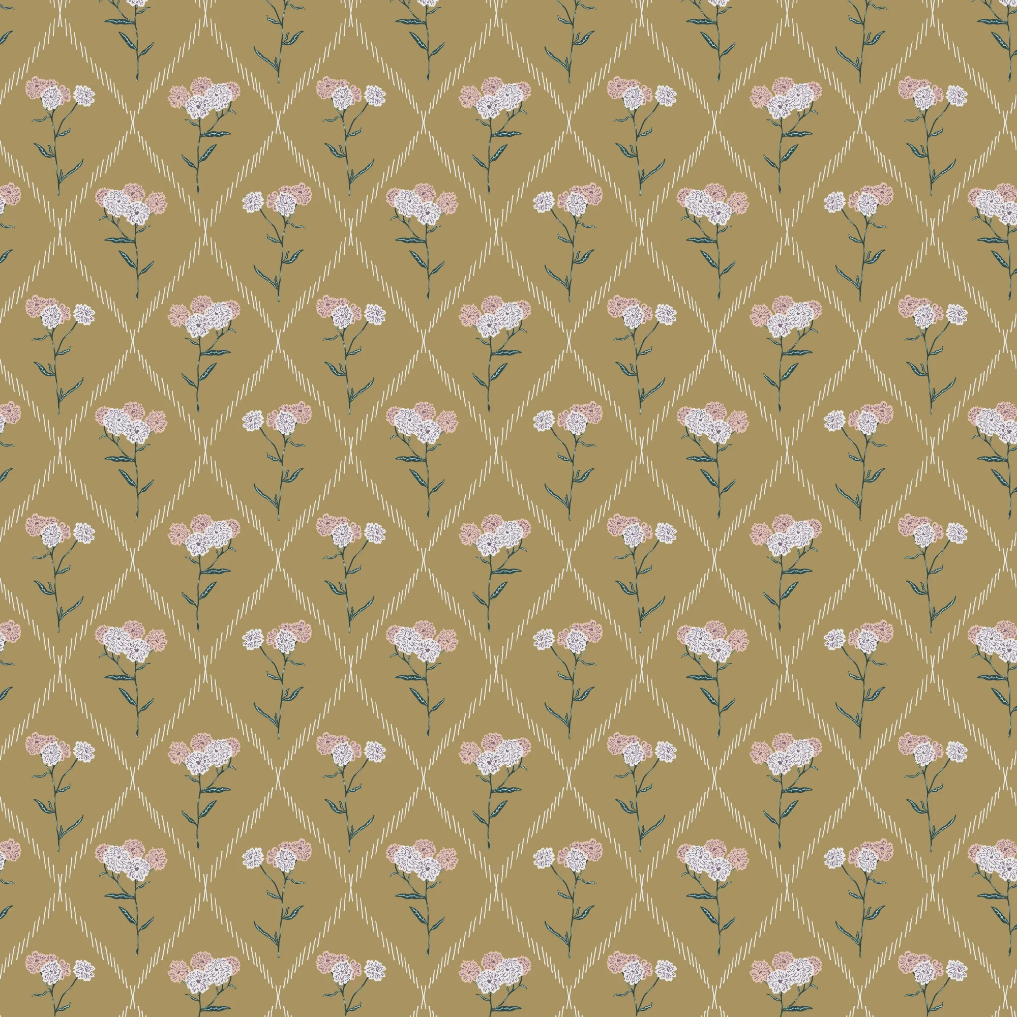 Pattern of peachy pink and white flowers with green leaves on a beige background with white hand drawn diamond lattice.