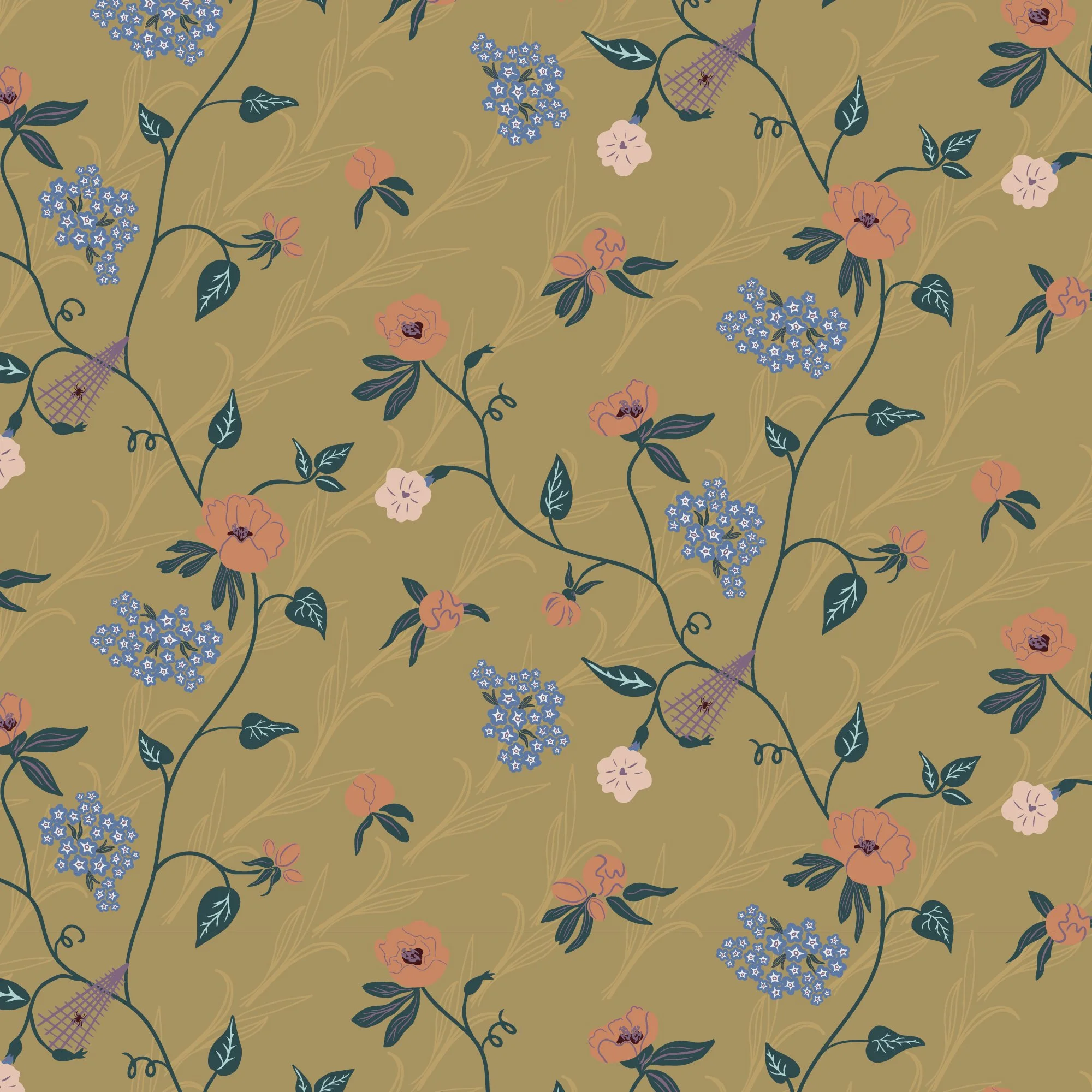 A seamless floral pattern with pink, purple, and blue flowers, along with green leaves and vines on a dark gold background.