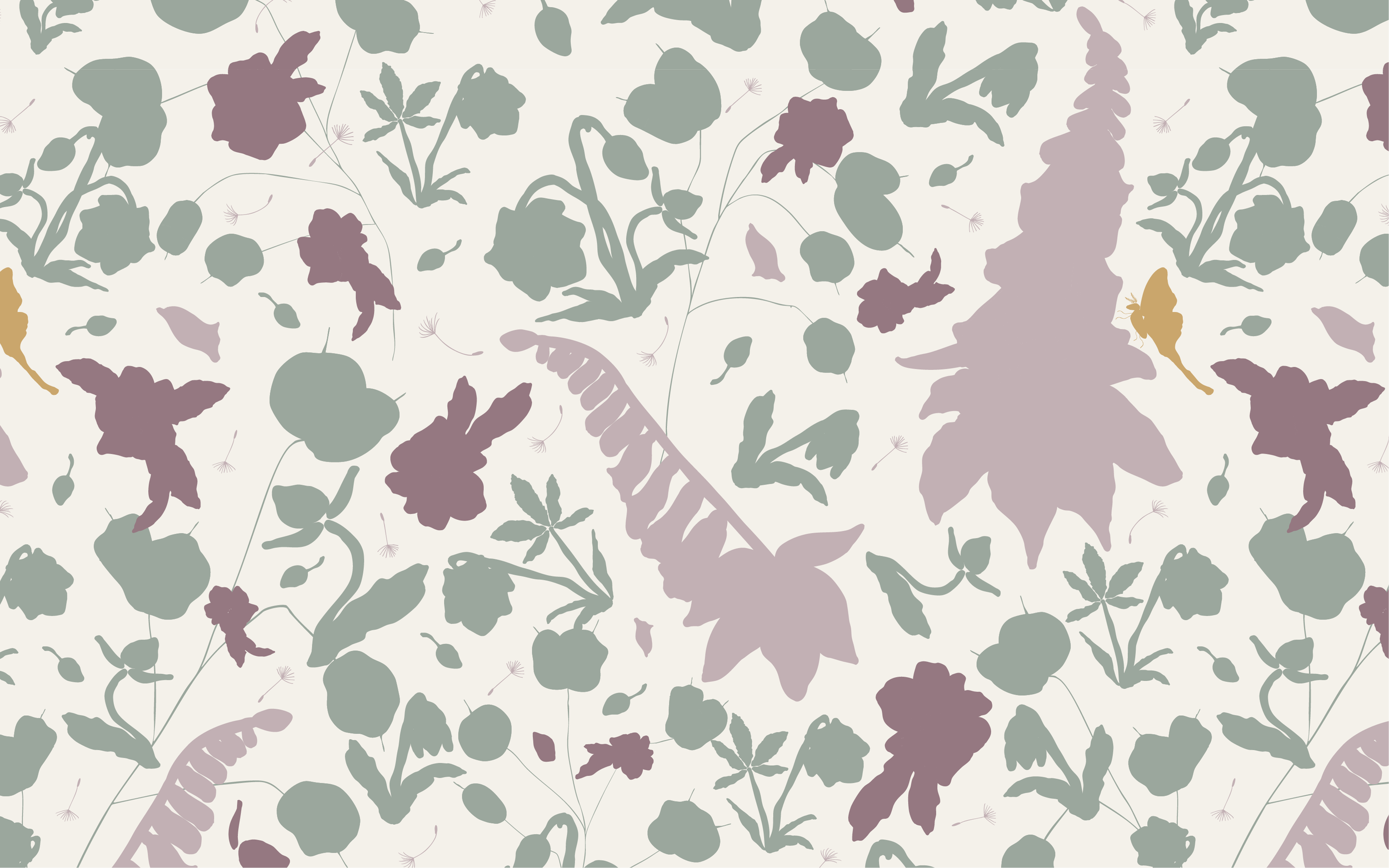 Botanical, hand drawn floral silhouettes in shades of pink and sage green on light cream. Fabric design for home decor, in a light academia aesthetic.