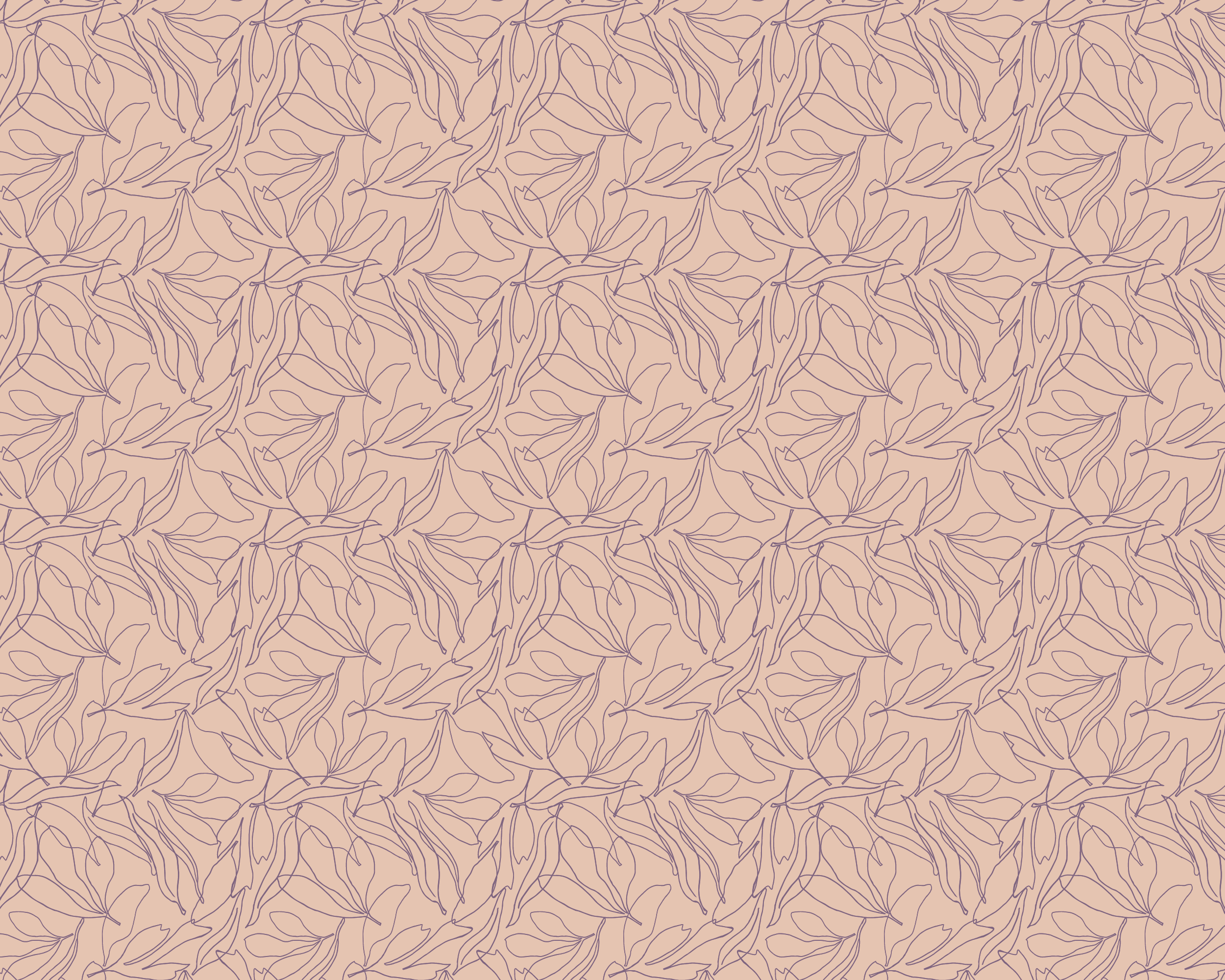 Pattern of dusty plum purple outlines of leaves on a peachy pink background.