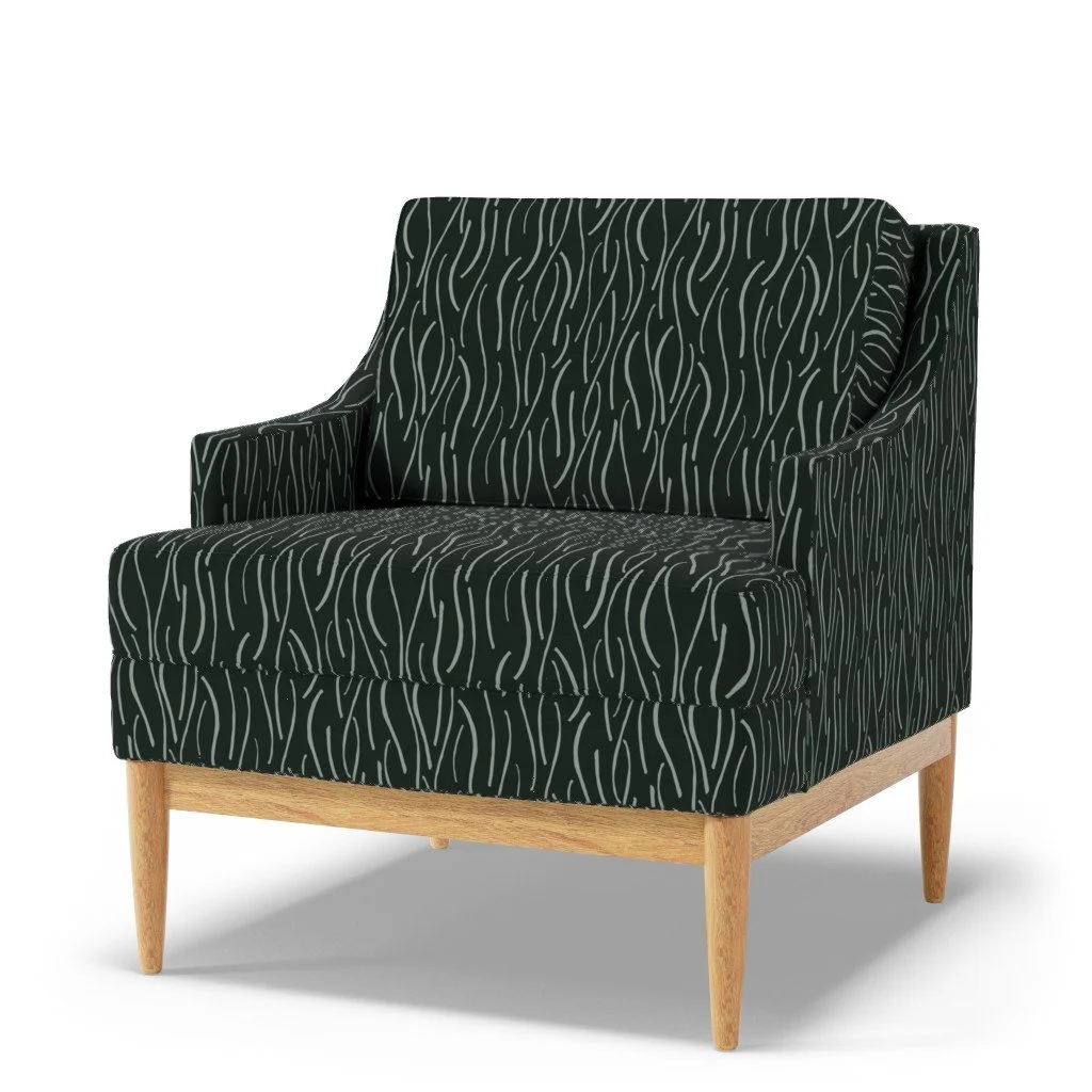 Upholstered chair, with wavy light green, undulating, abstract stems, on a very deep green background. Dark moody aesthetic.
