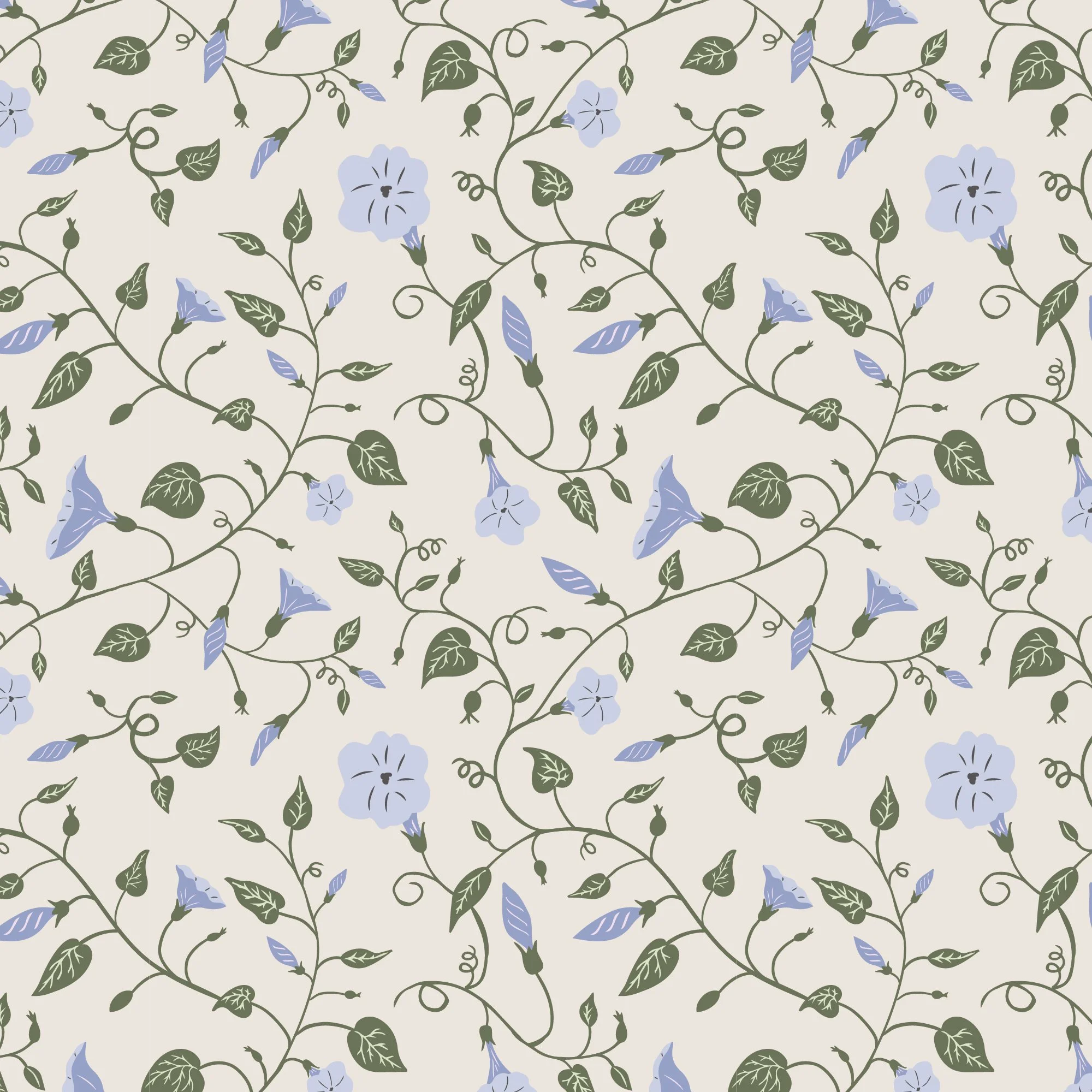 A seamless pattern featuring blue morning glories with dark centers, green leaves, and curling vines on a light beige background.