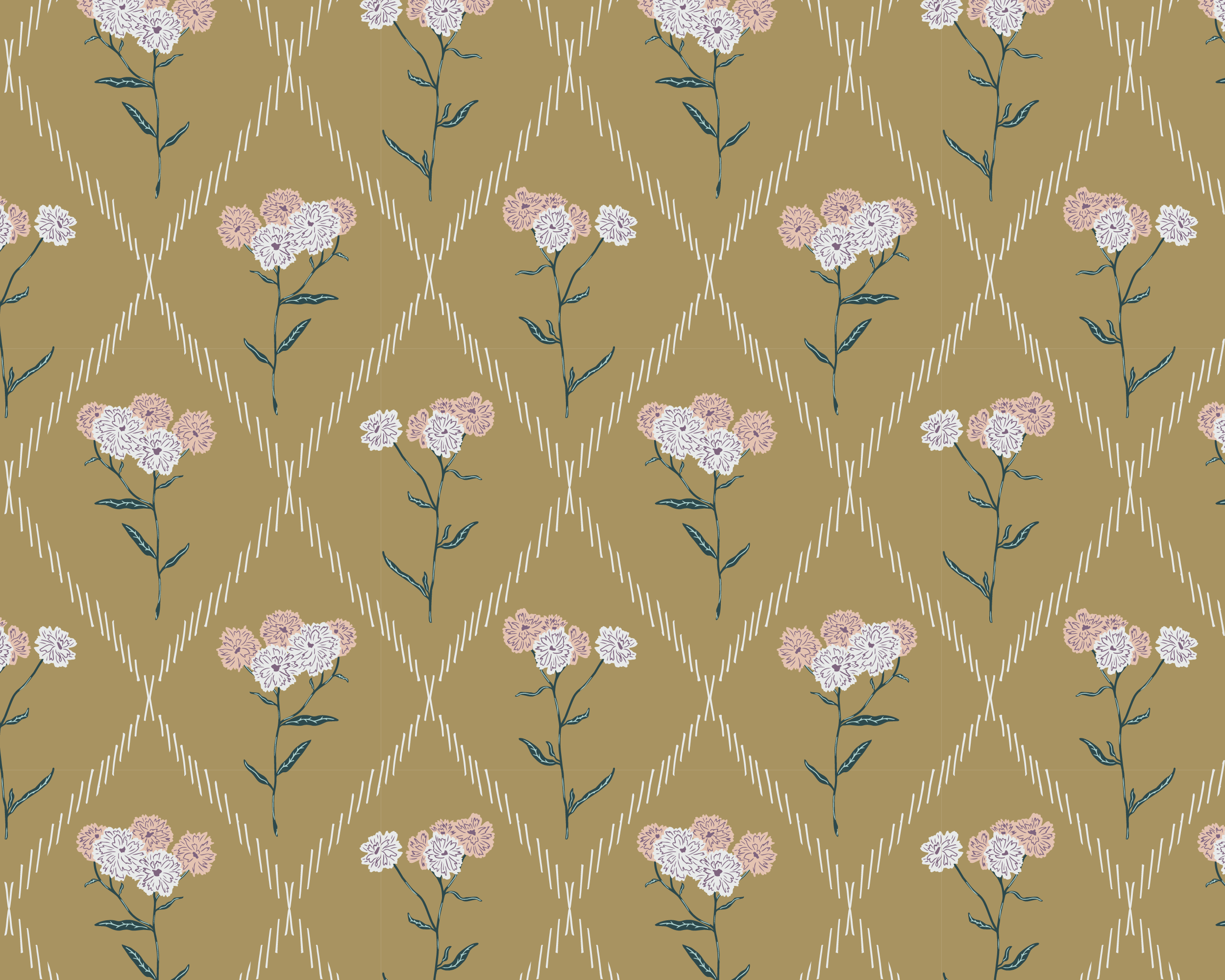 Pattern featuring peach and cream flowers with dark green leaves on a dark mustard gold diamond lattice background with cream hand drawn lines.