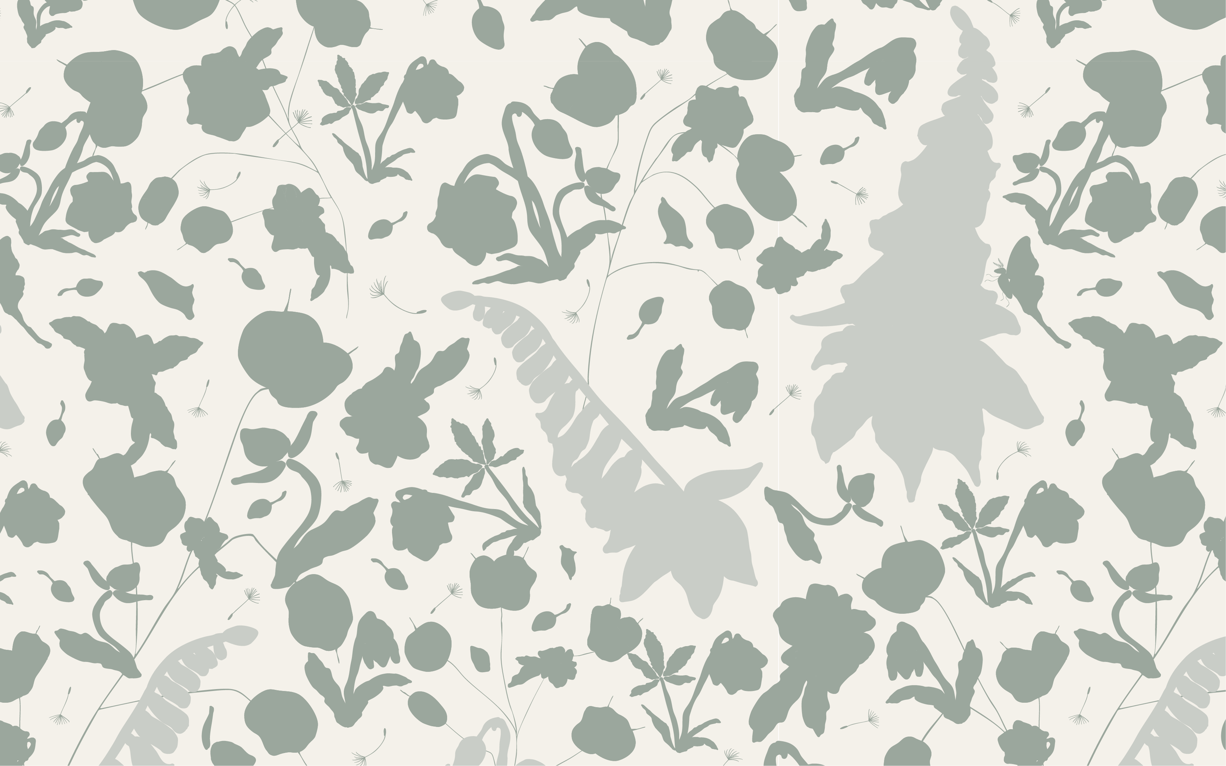Garden flowers and foxglove silhouettes, in shades of sage green, on a light cream background. Floral repeat pattern for fabric, wallpaper and home decor.