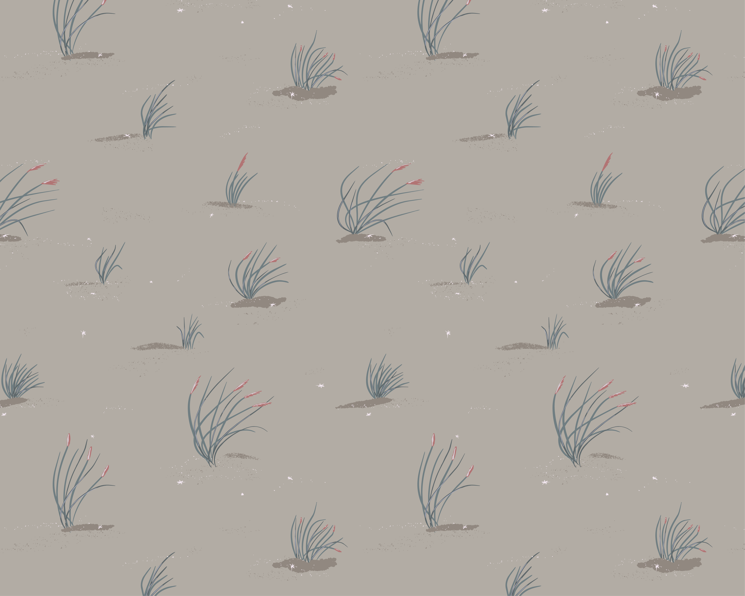 A repeating pattern of hand-drawn windswept dune grasses with long, slender leaves and pink tips on a dark taupe background.