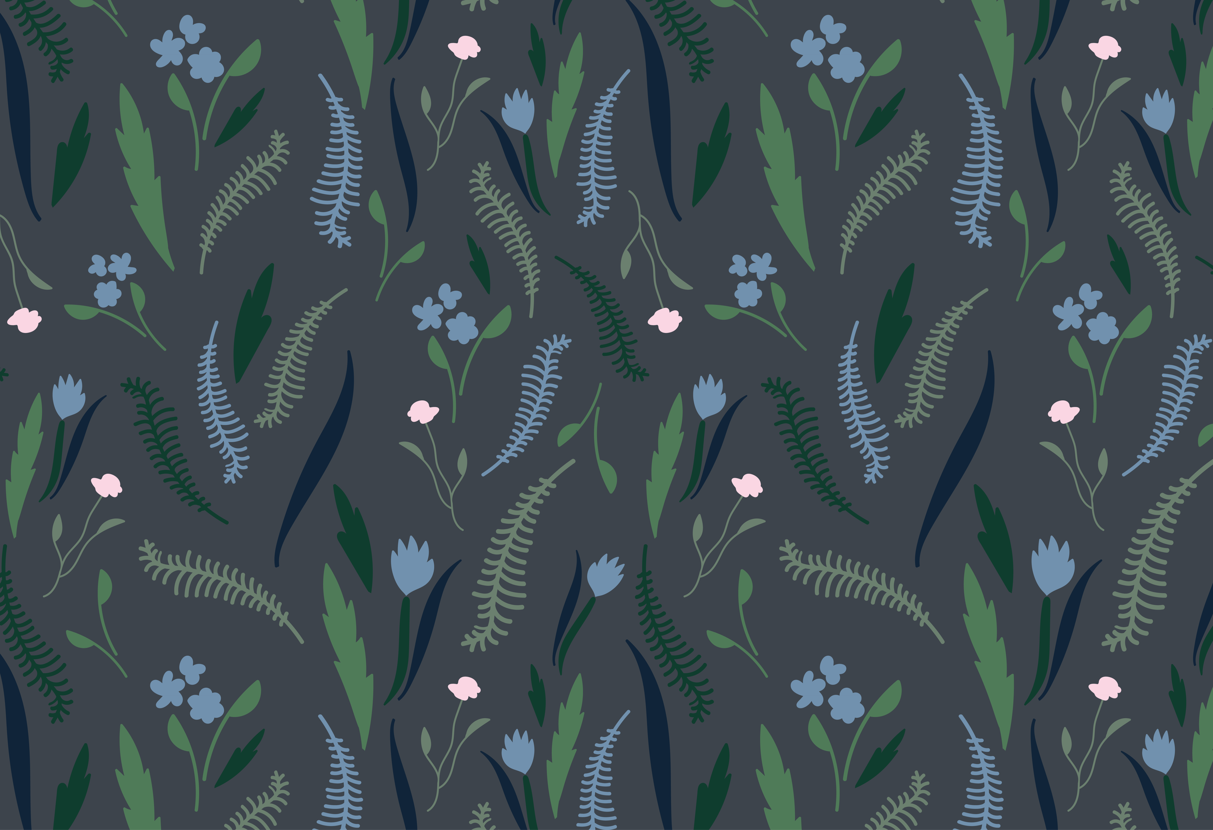 A seamless repeat pattern from the Deep Bloom collection, featuring dusty blue flowers and leaves in sage green, on a dark gray background.