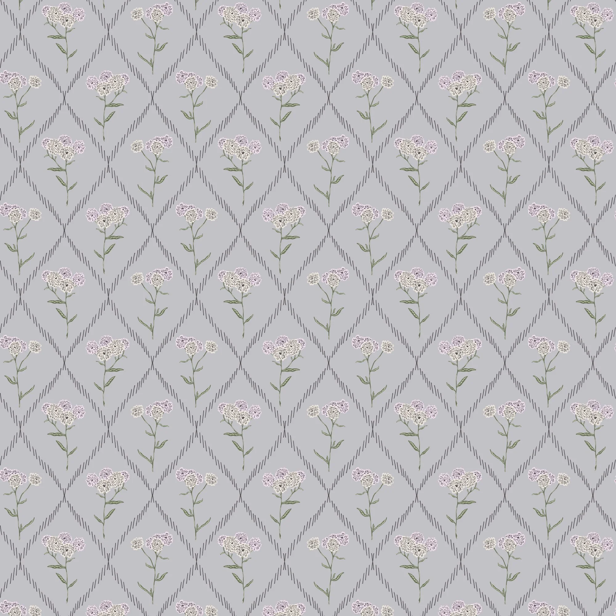 Pattern of light pink and cream flowers with green stems and leaves on a gray background, separated by dark hand drawn diamond lattice shapes.