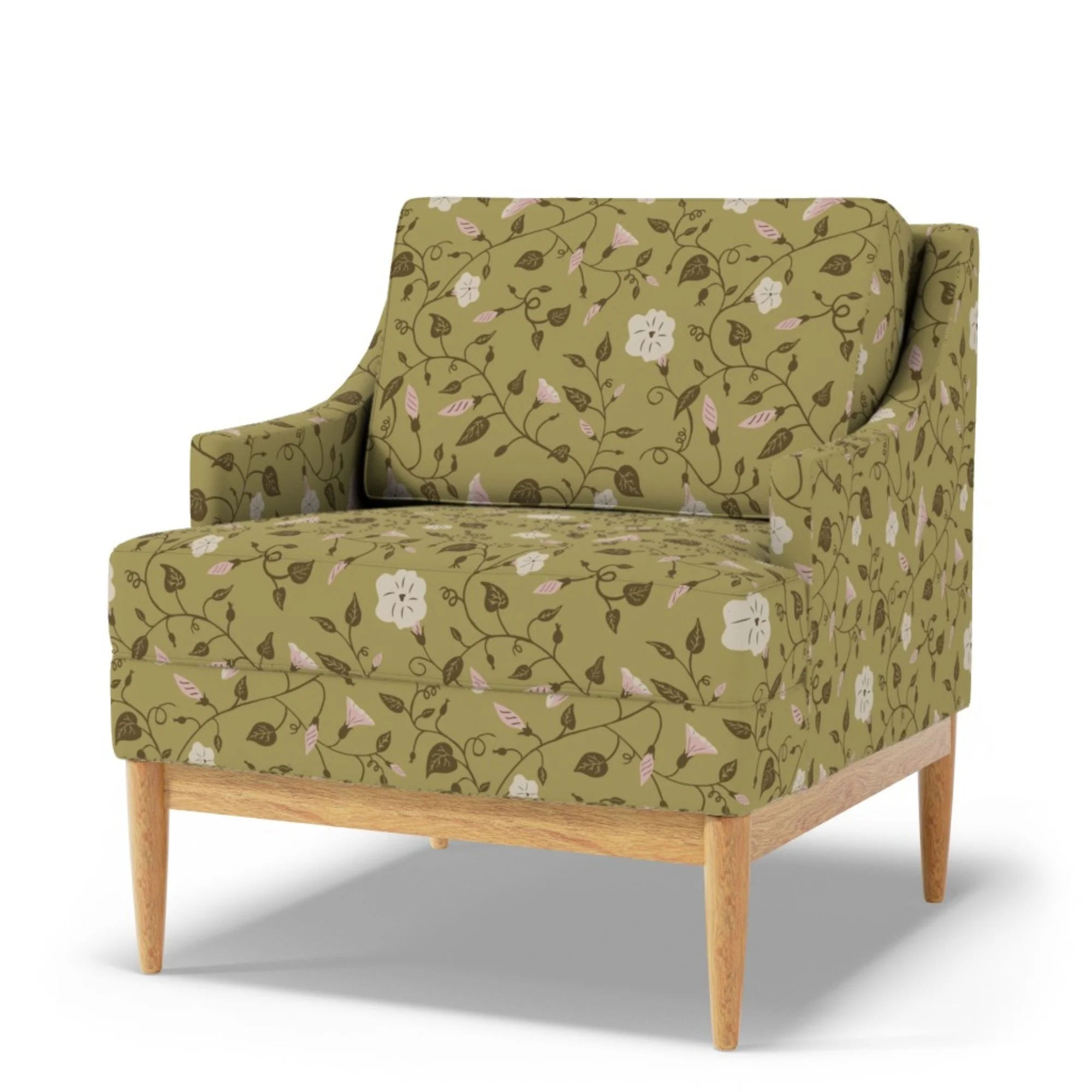 A floral upholstered armchair with wooden legs and armrests, featuring dark gold fabric with pink, white, and brown flower and vine patterns.
