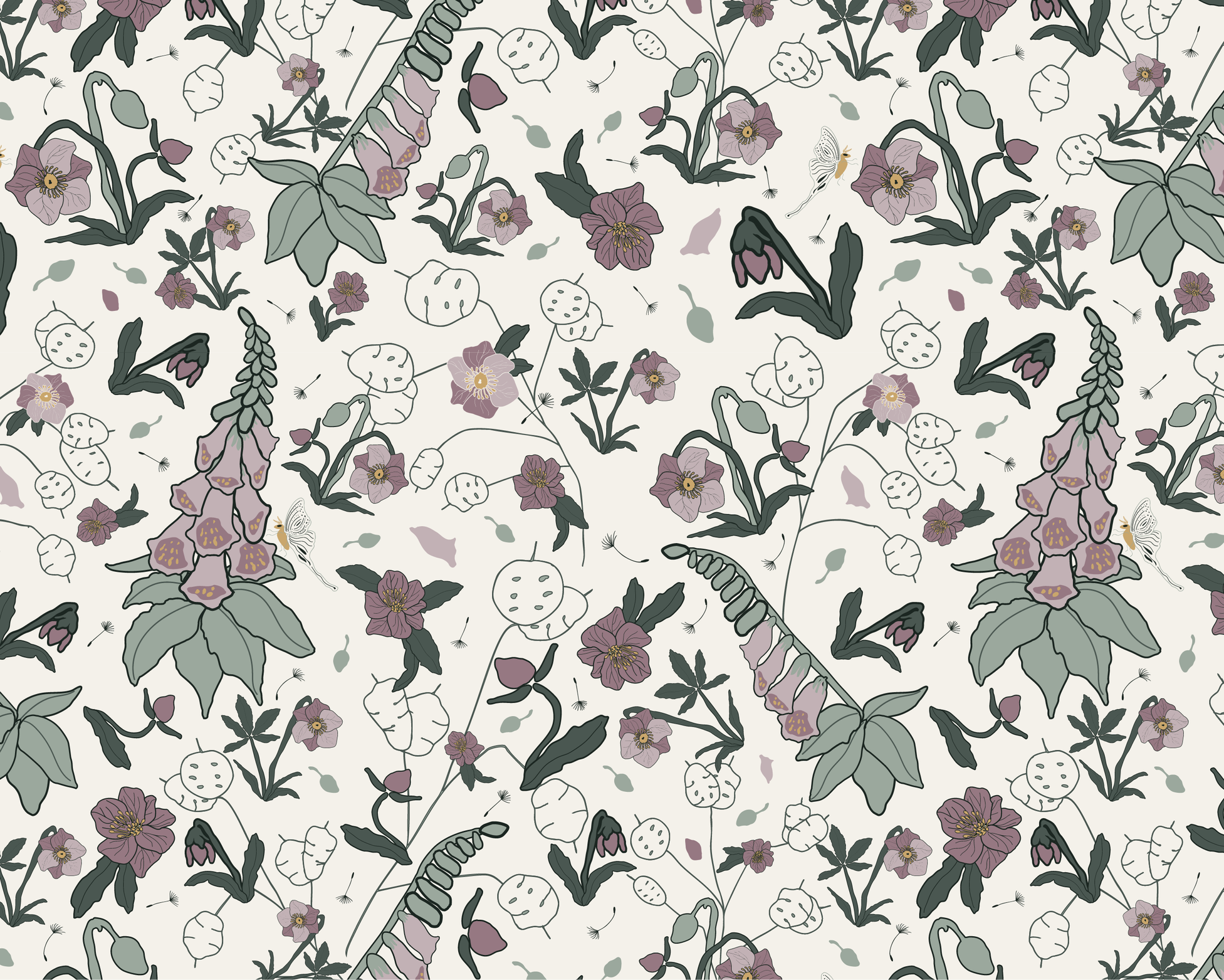 A seamless floral pattern with pink and mauve lavender flowers, green leaves, and small daisy-like flowers and seeds scattered throughout.