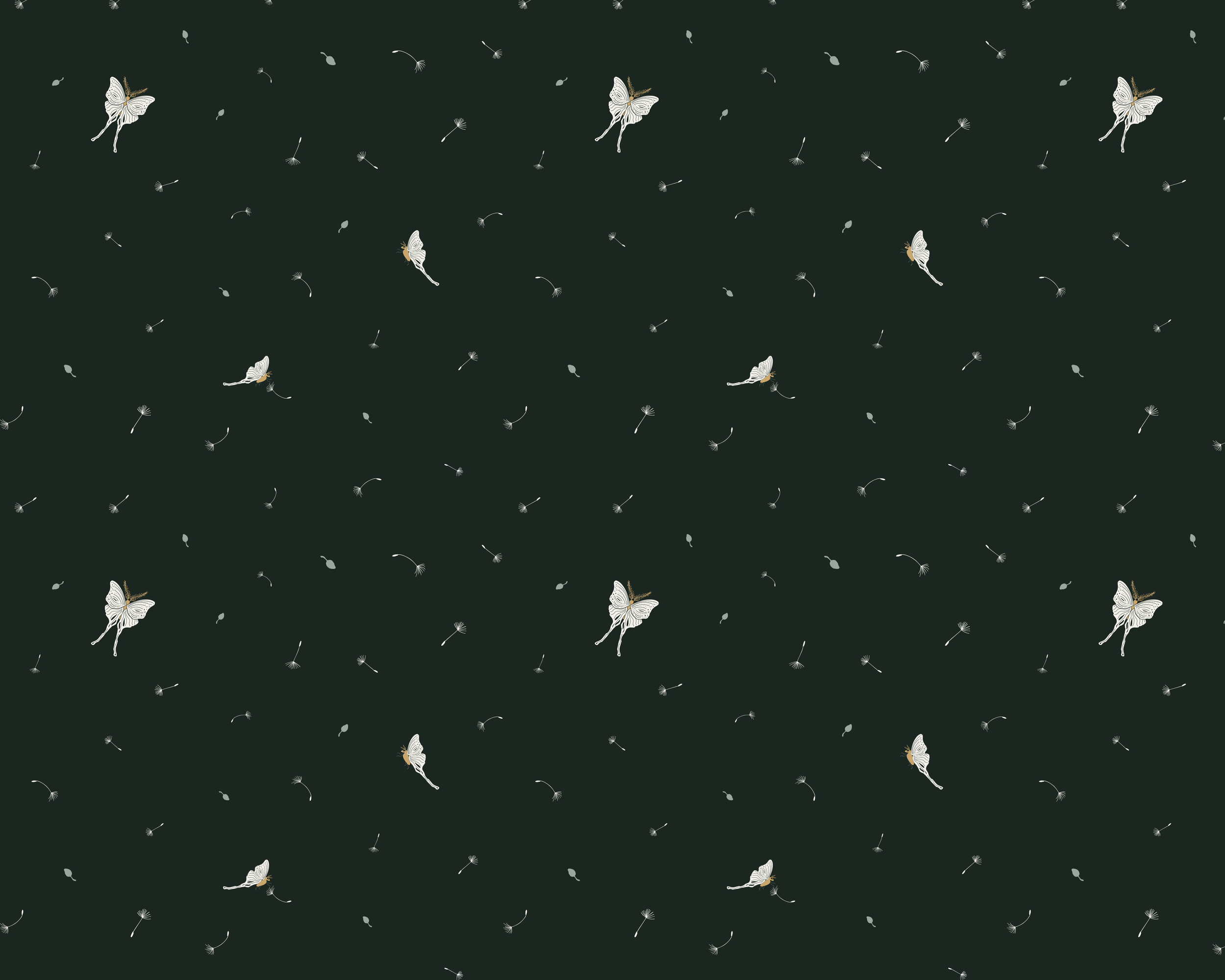 Luna moths and drifting dandelion seeds, in a seamless repeating pattern for fabric and wallpaper. Very dark, moody green background.