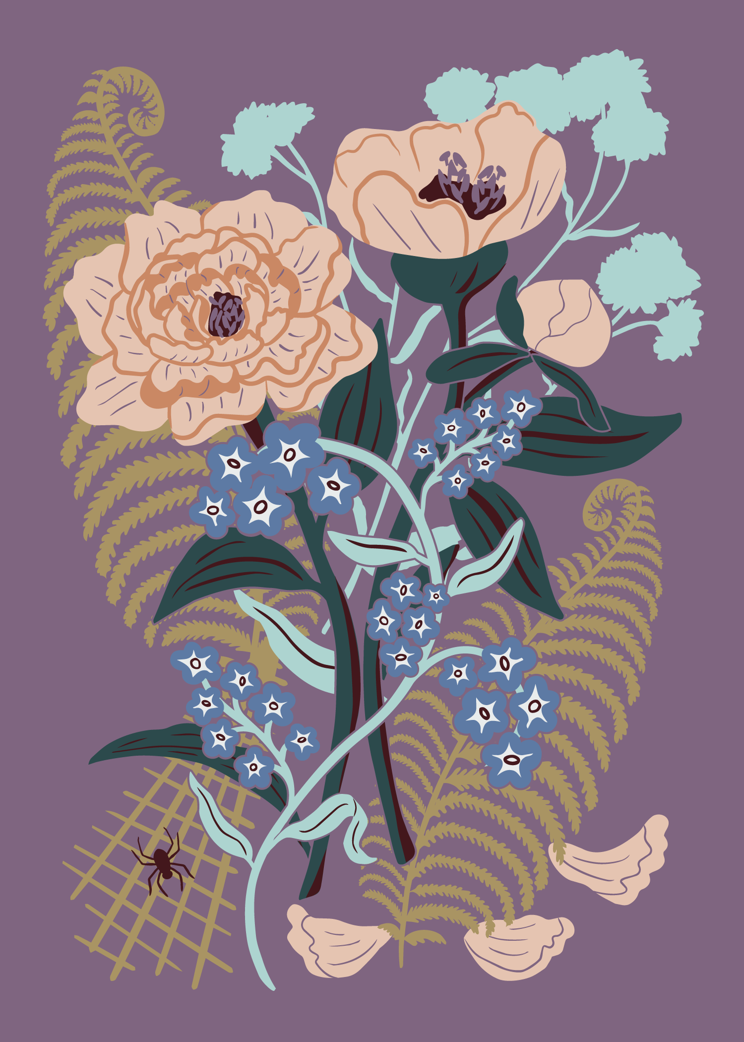 A stylized illustration of a bouquet of flowers with large peach-colored flowers, small blue flowers, and green leaves, set against a purple background with a spider in a gold web.