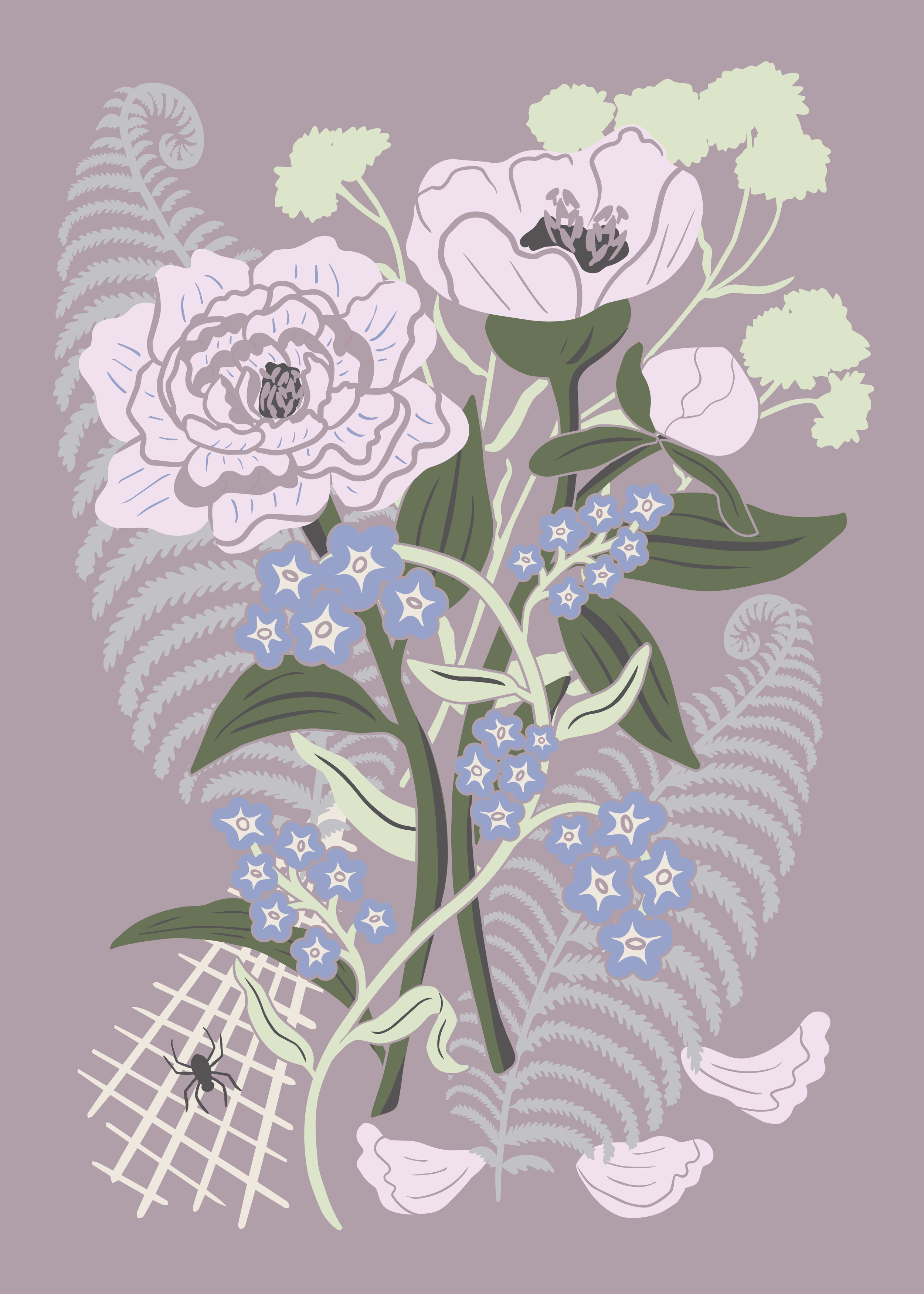 A digital illustration of a bouquet of flowers, including large pale pink flowers, small blue flowers, green leaves, and ferns, with a spider and web on a mauve purple background.