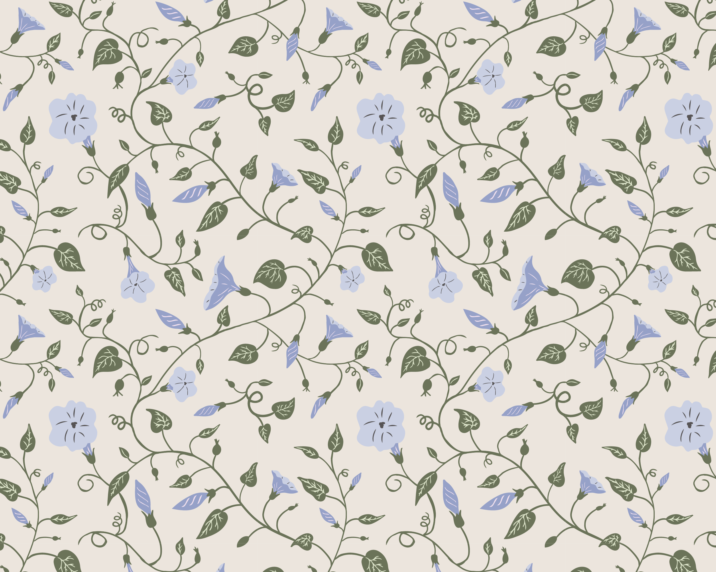 A pattern of blue morning glories and green leaves with green vines on a light cream beige background.