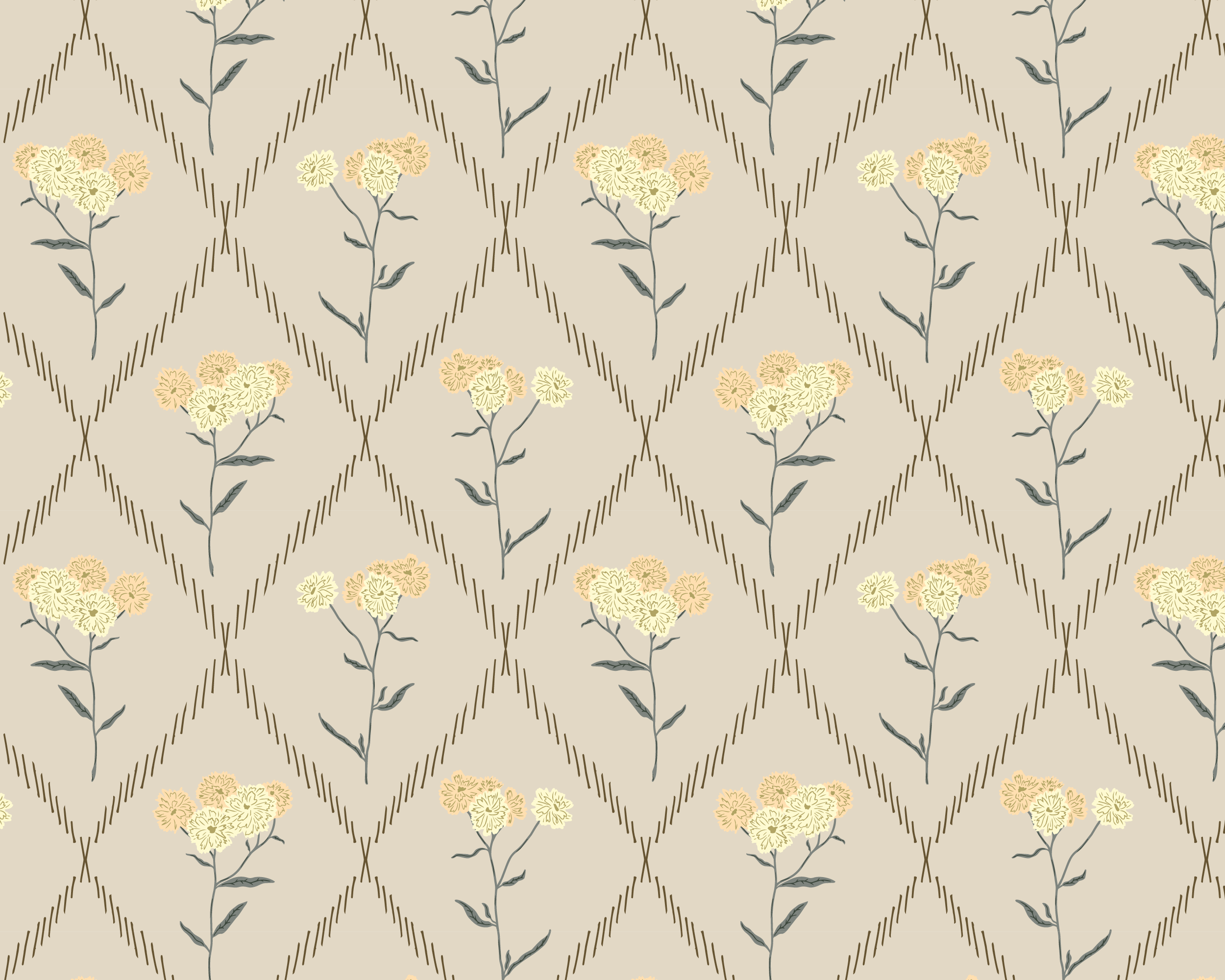 Pattern of yellow and apricot orange flowers with light green leaves and brown hand drawn diamond shapes on a beige background.
