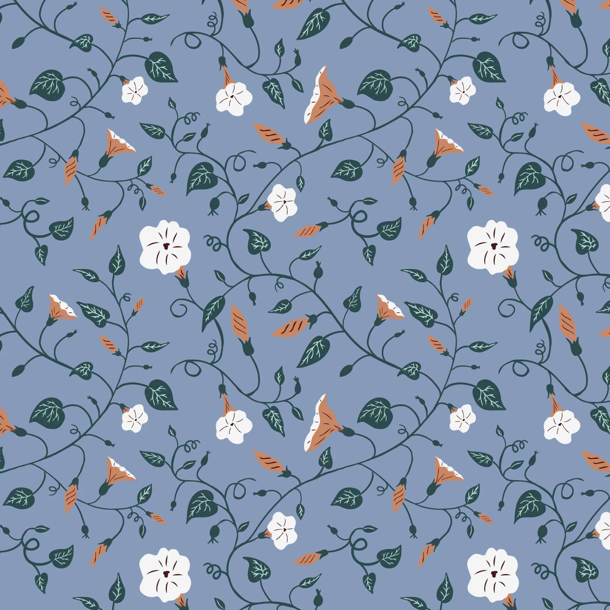 A seamless floral pattern with white flowers, green leaves, and peachy orange morning glory flowers on a muted slate blue background.