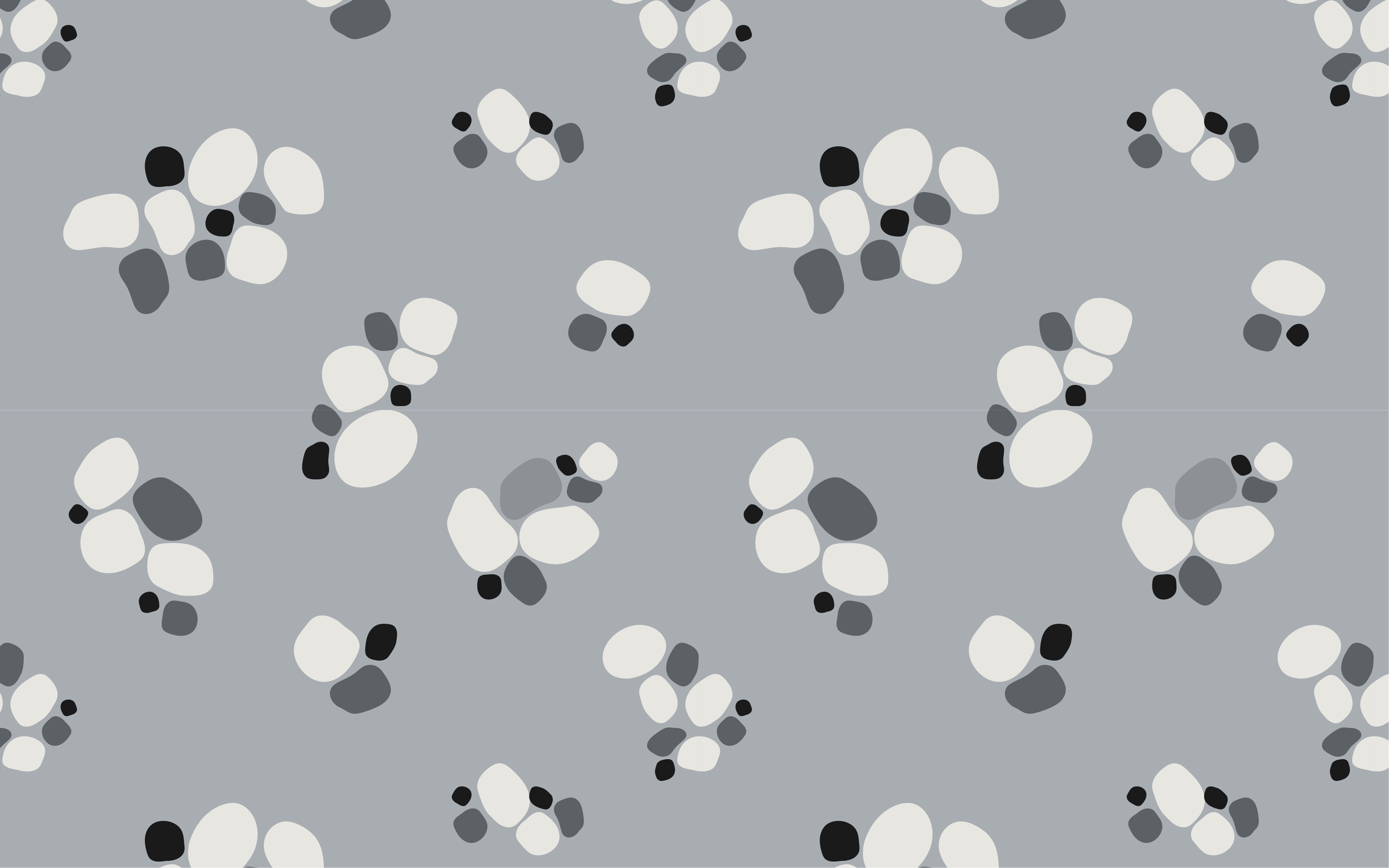 A repeat pattern for wallpaper or fabric, featuring groupings of ivory and charcoal pebbles scattered across a medium grey background.