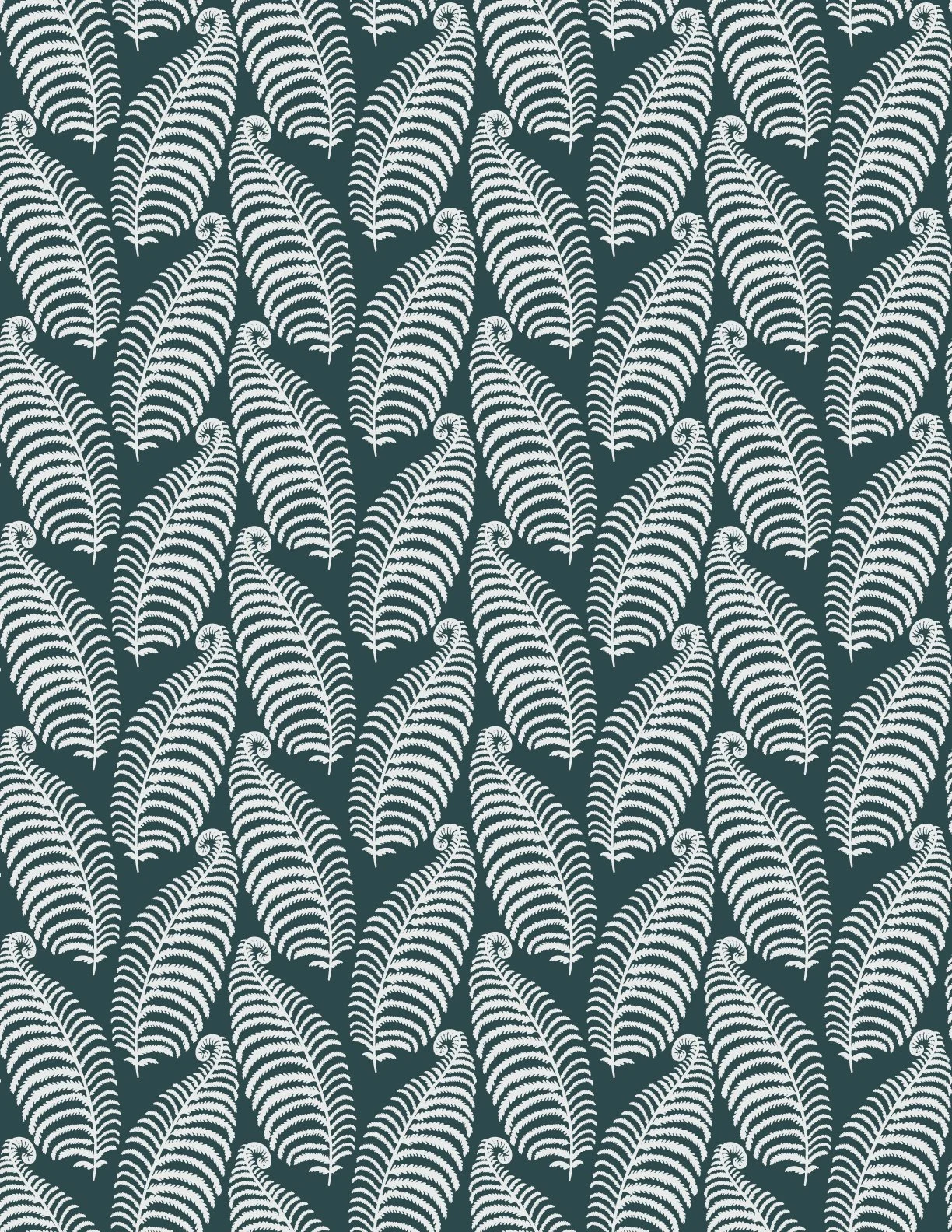 Pattern of white fern leaves on a dark teal background, repeated in a vertical stripe.