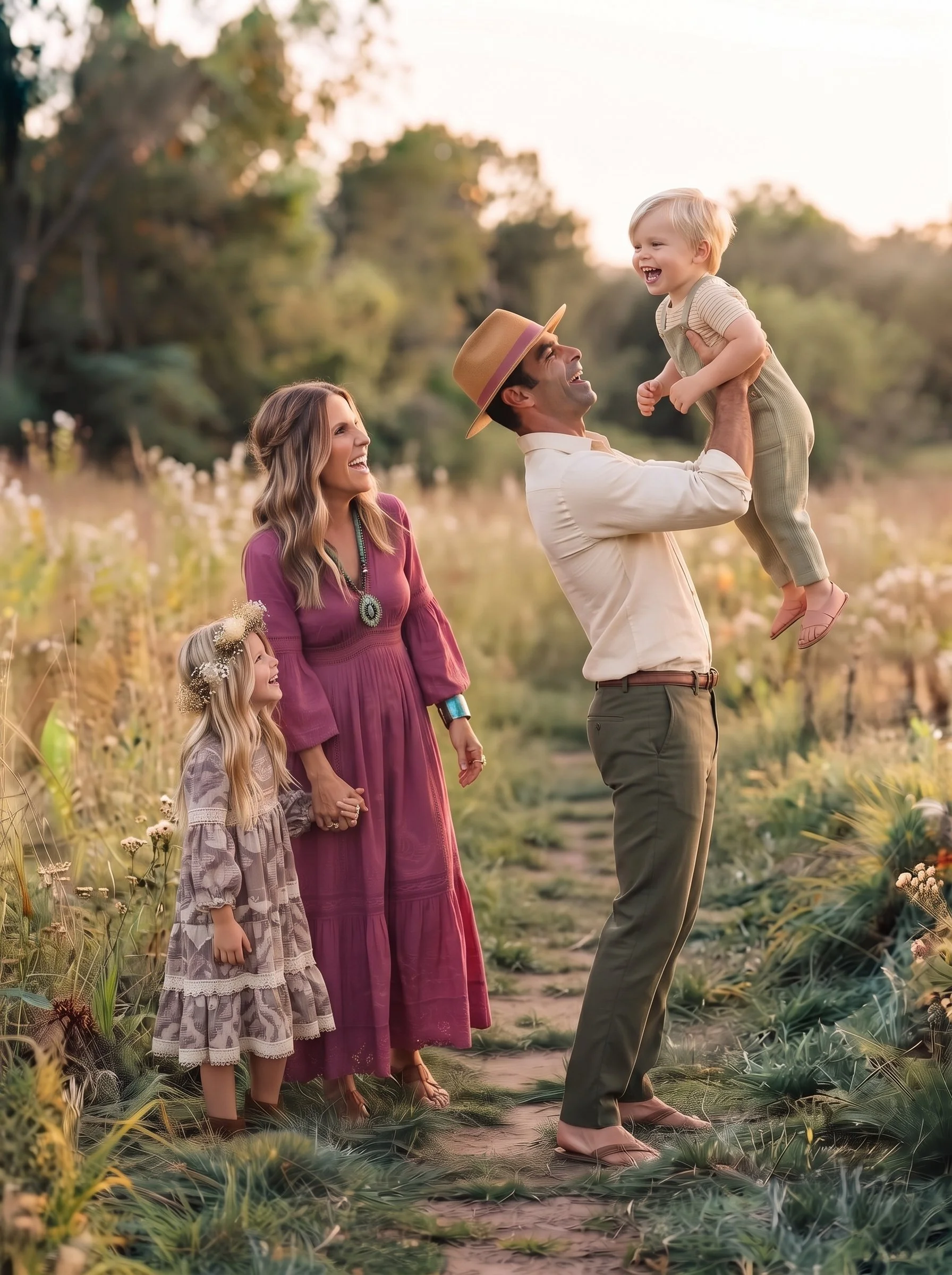 Family of four, Dad holding their little boy and their little girl holding mom's hand, sunset golden hour in the field