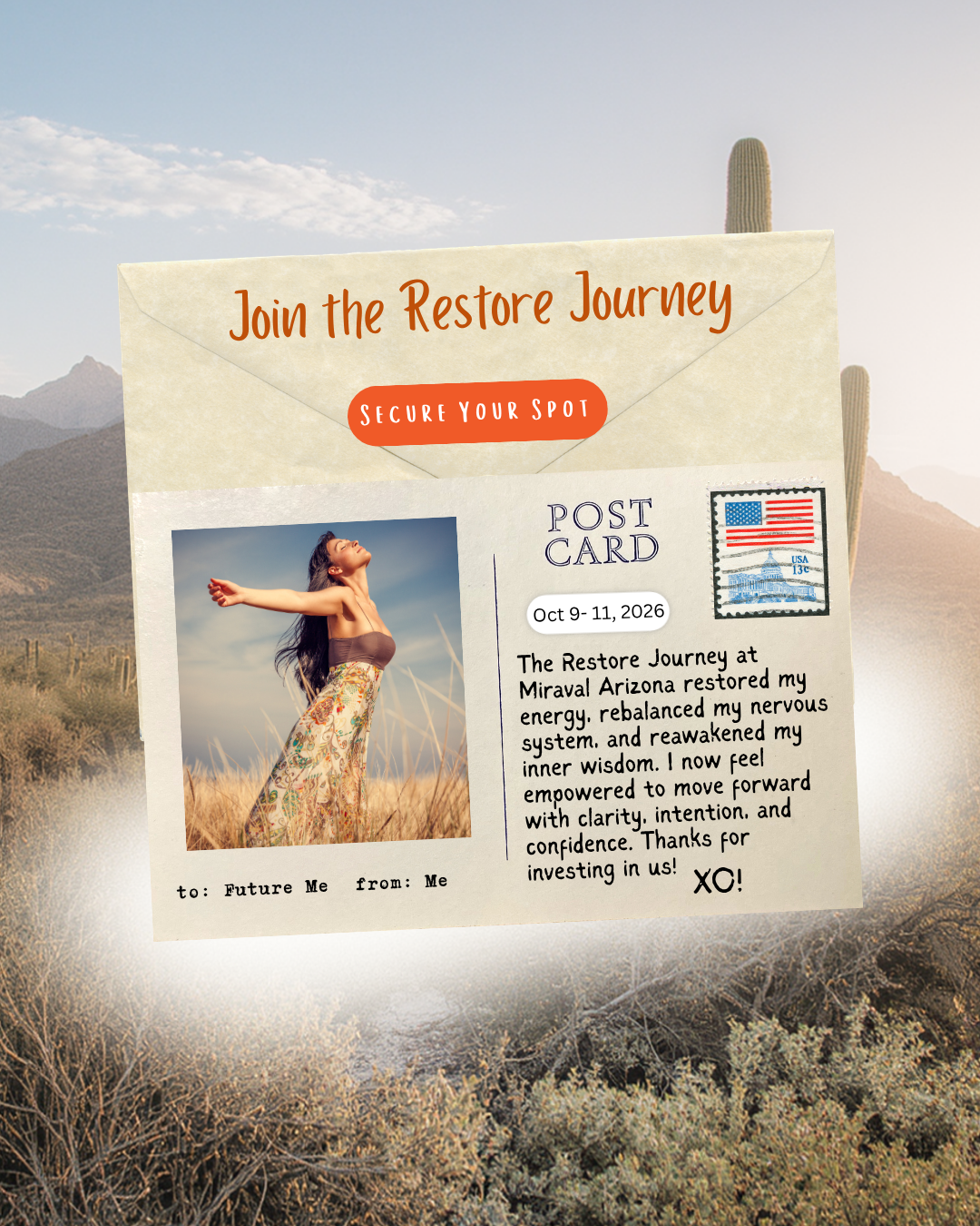 A postcard over a desert landscape with mountains and a cactus in the background. The postcard features a photo of a woman standing in a field with arms outstretched, enjoying the sunlight, and text about a restorative journey in Arizona.