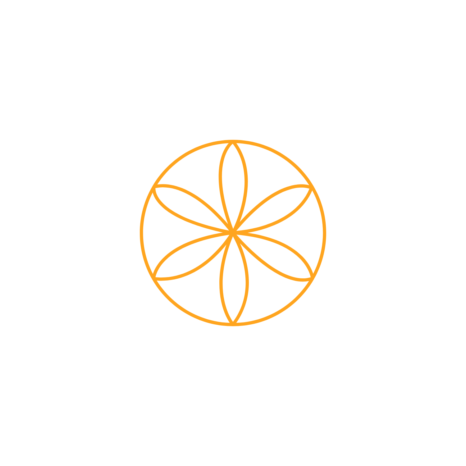 A black background with a glowing orange geometric design resembling a flower or mandala, consisting of interwoven curved lines and circles.