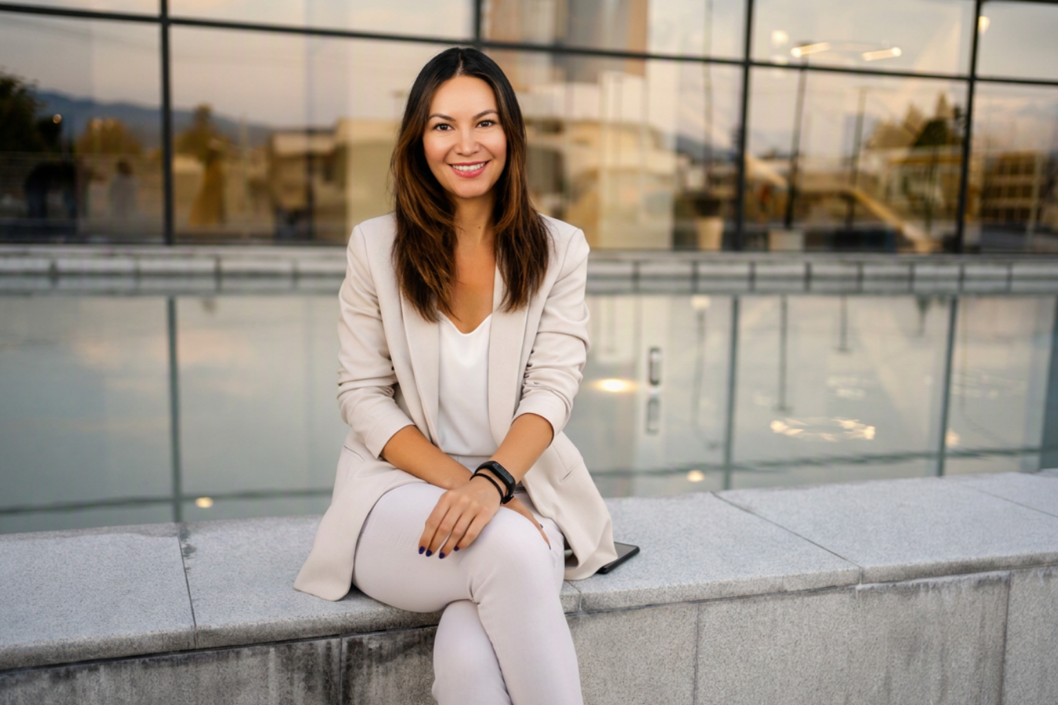 Janet Diaz in a beige blazer and white pants sitting on a concrete ledge outside, smiling at the camera.
