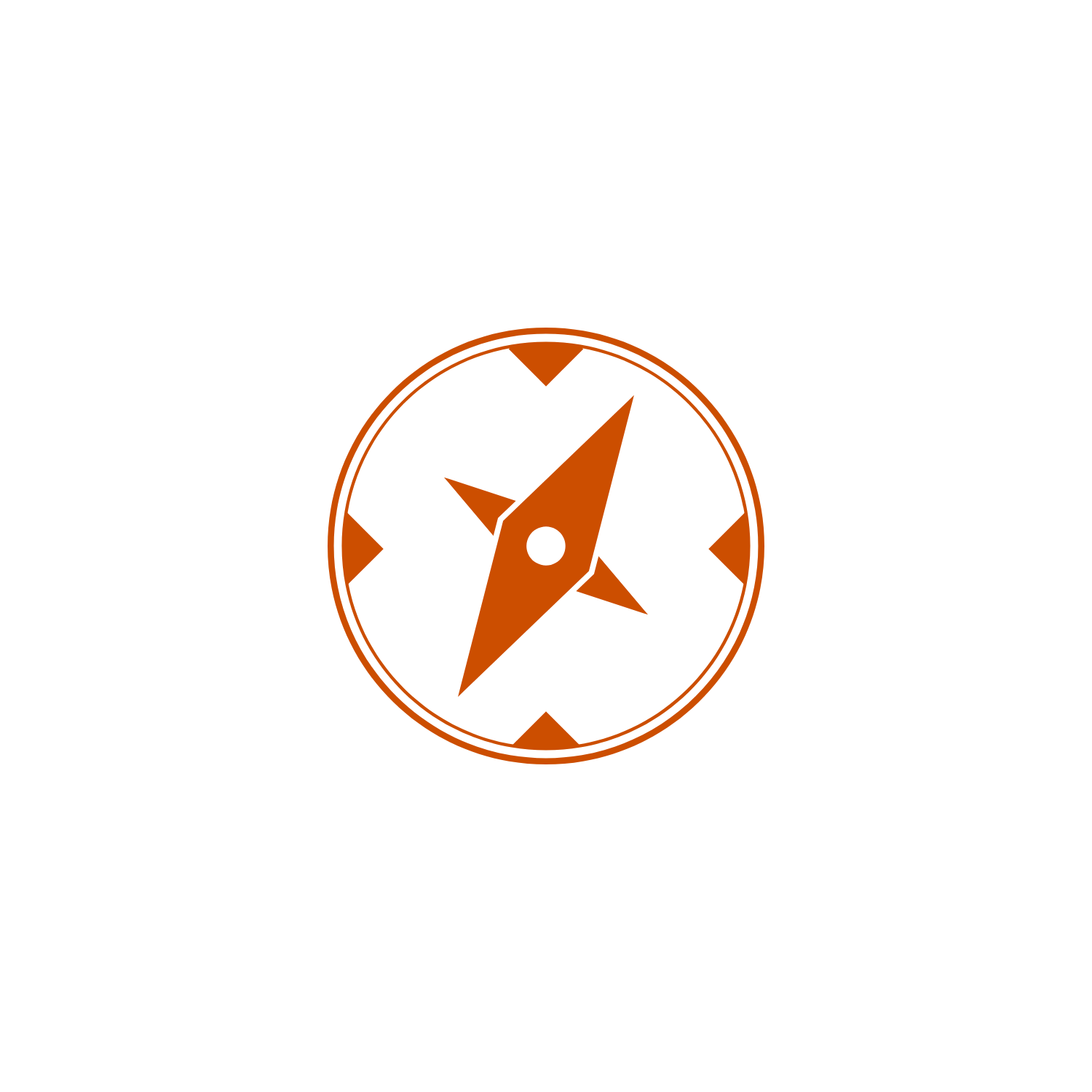 Black background with orange compass emblem in the center.