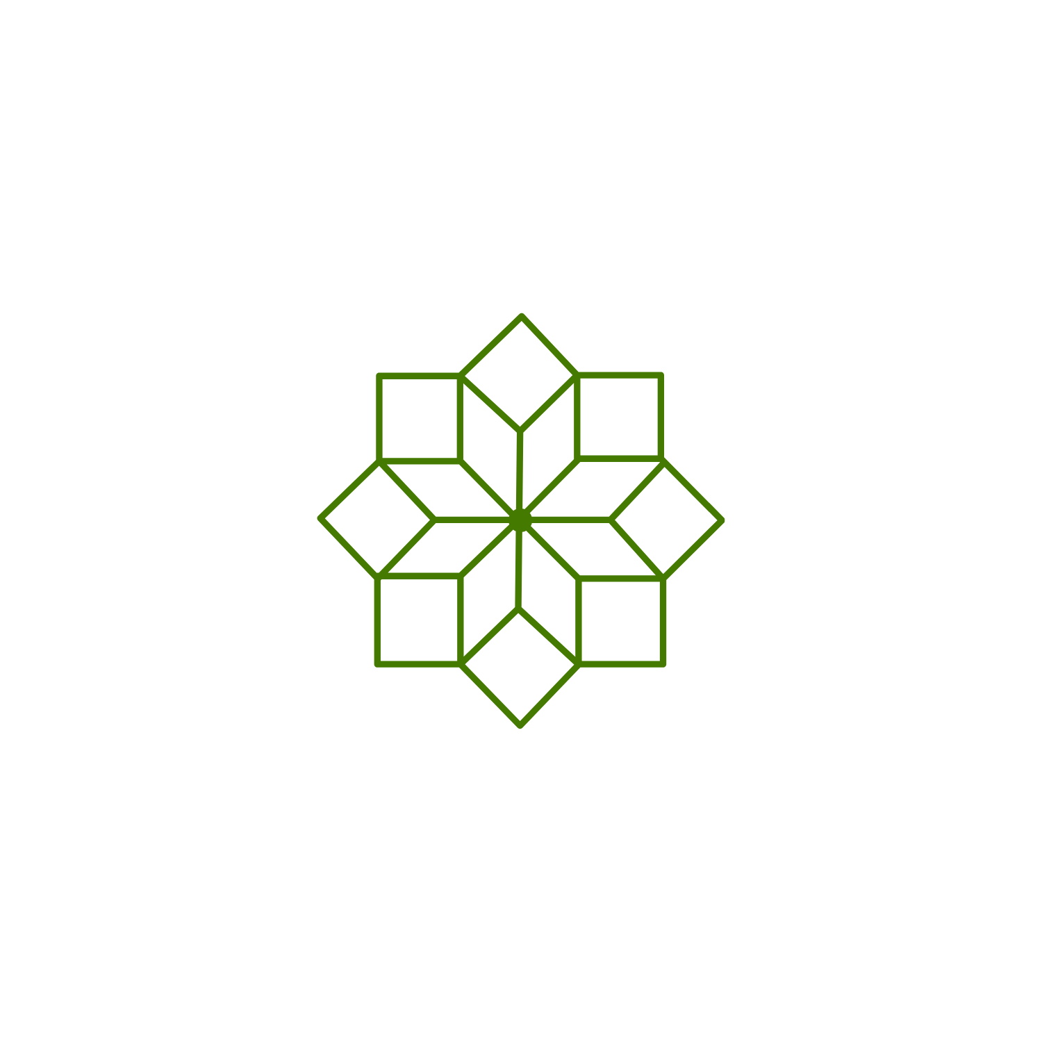 A geometric pattern of interconnected green cubes and squares on a black background.