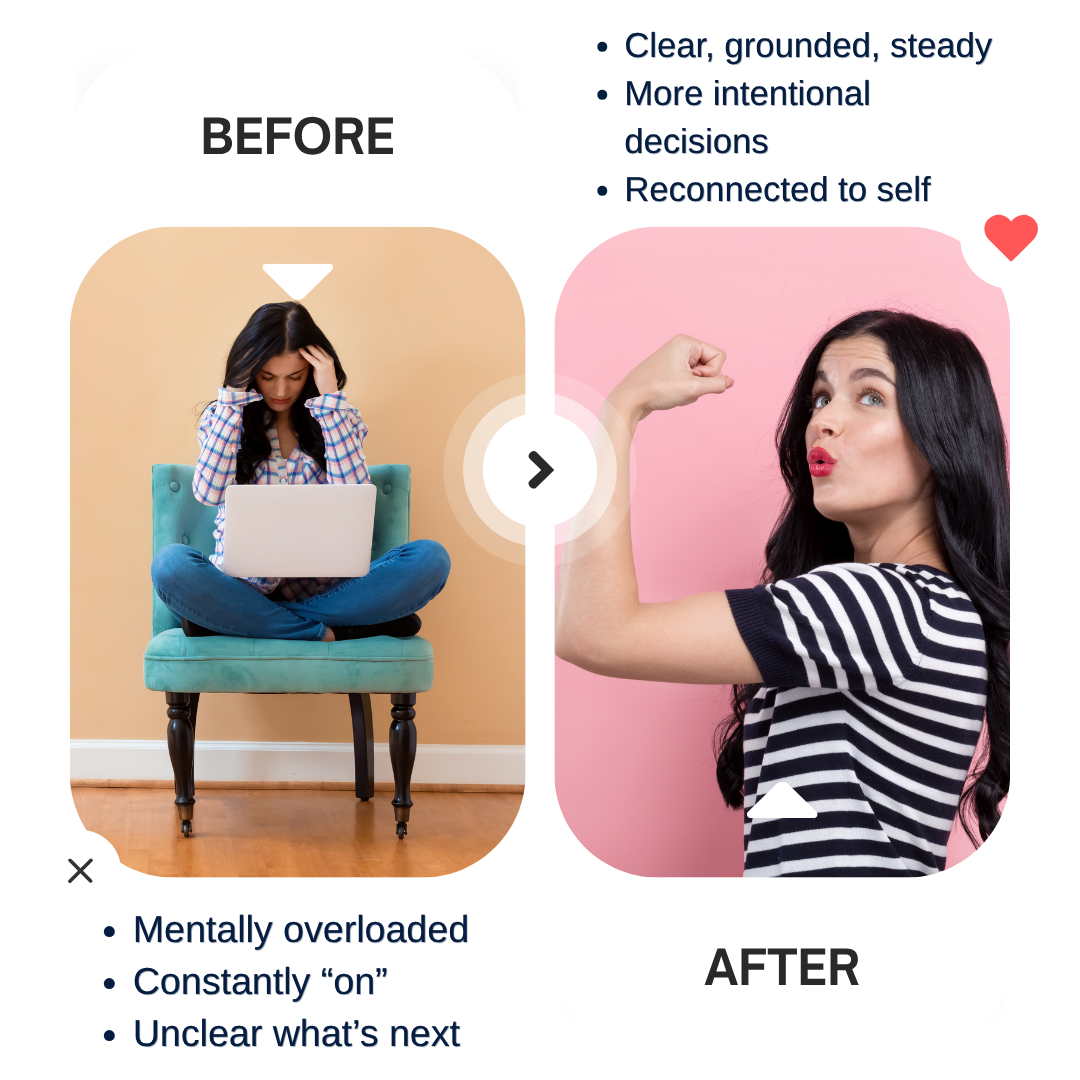Comparison of a stressed woman sitting crossed-legged with a laptop feeling overwhelmed before, and a confident woman flexing her arm after, against a pink background with positive affirmations.