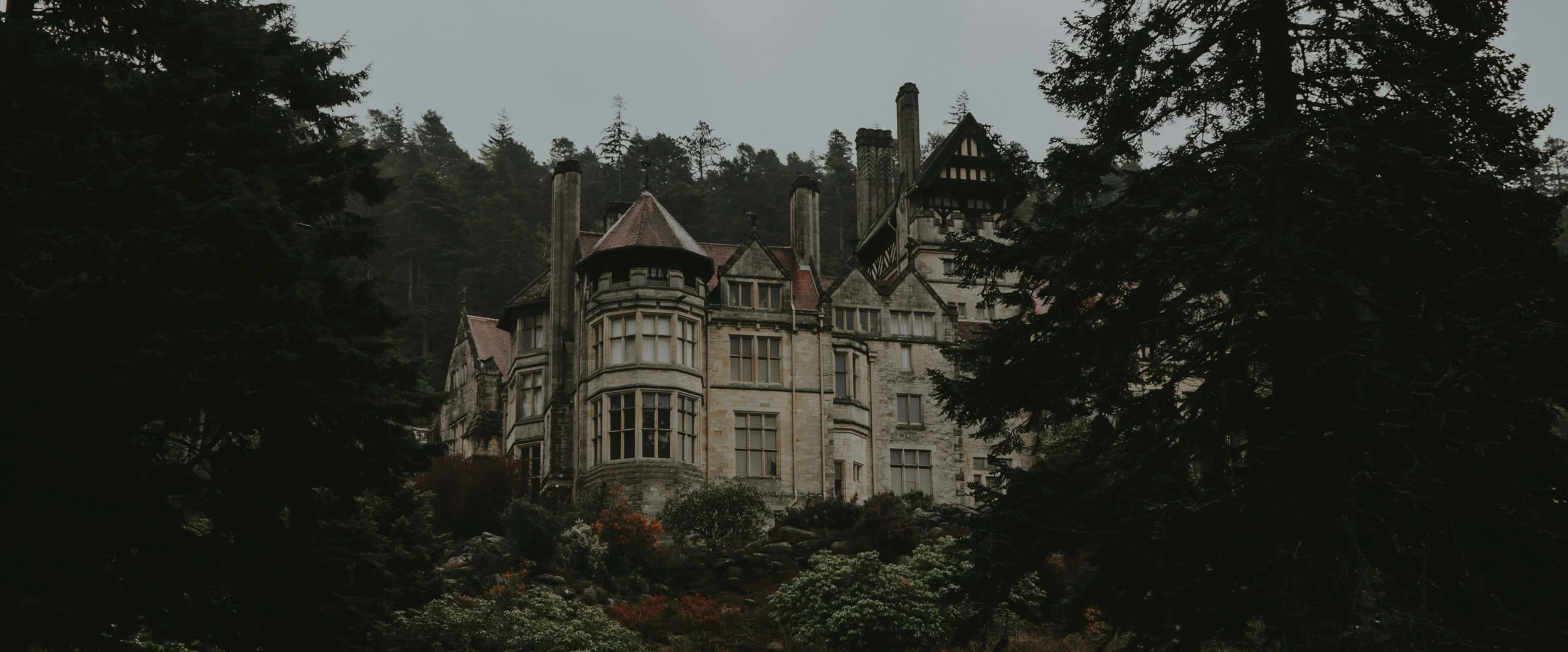 A large, old Bailey inspired mansion nestled among trees with a gray, cloudy sky in the background representing The Good Heart Series.