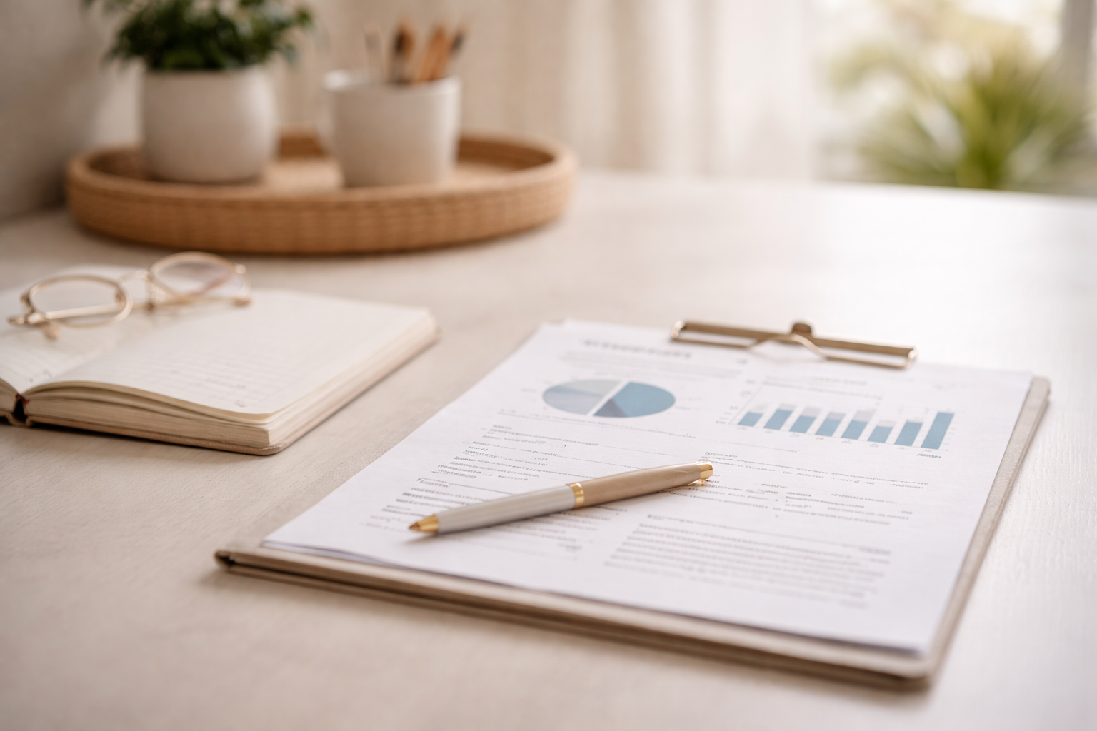 Documents with charts and graphs, a pen, and a clipboard on a desk, with eyeglasses and a tray with potted plants in the background.