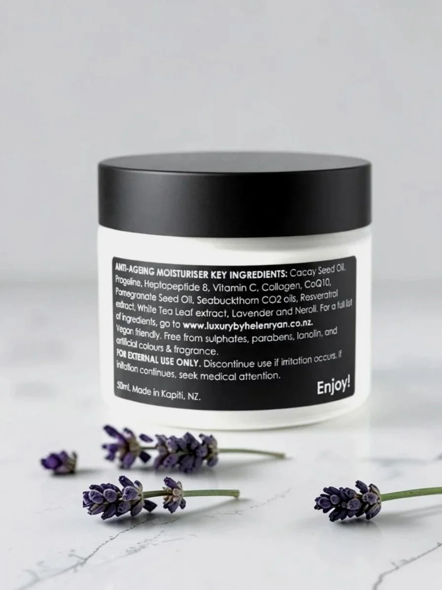Luxury by Helen Ryan Anti-ageing Moisturiser rich in natural actives for sensitive skin made in NZ back