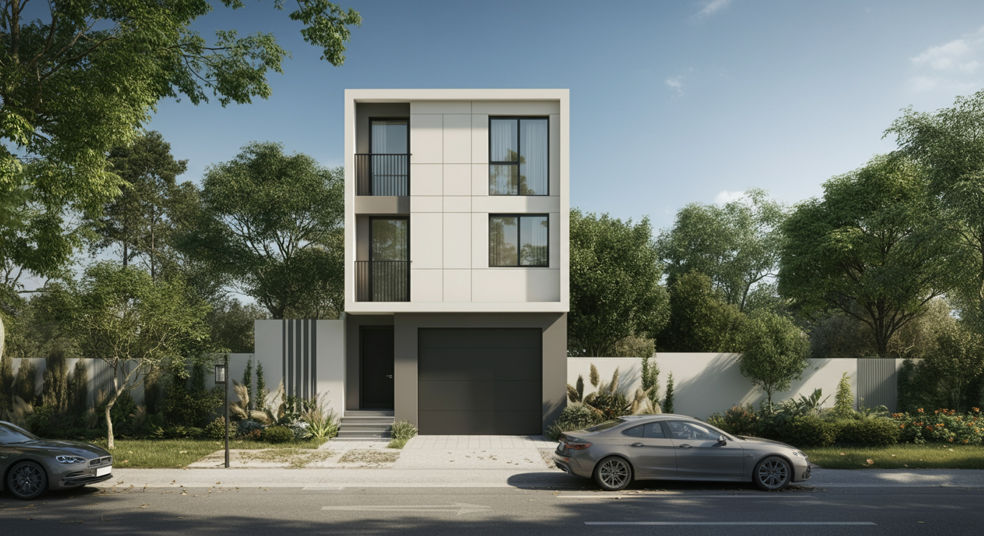Modern three-story house with a black garage door and white exterior, surrounded by trees and plants, with two parked cars on the street in front.