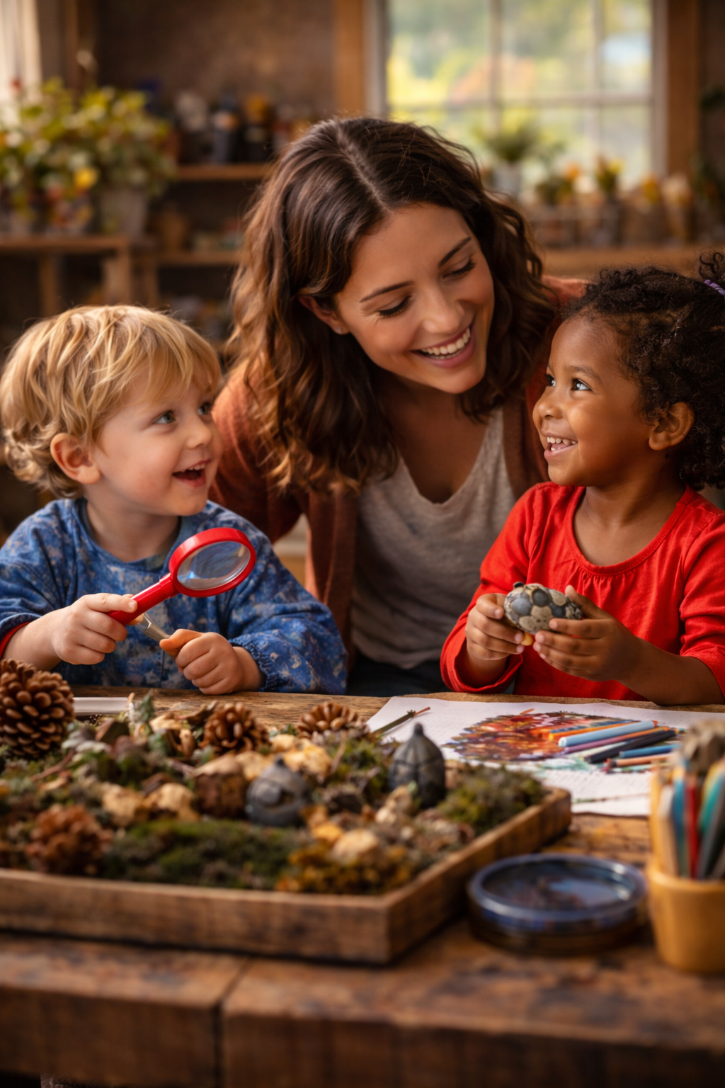 Teacher engaging with young children through hands-on exploration in a nurturing Reggio Emilia–inspired learning studio.